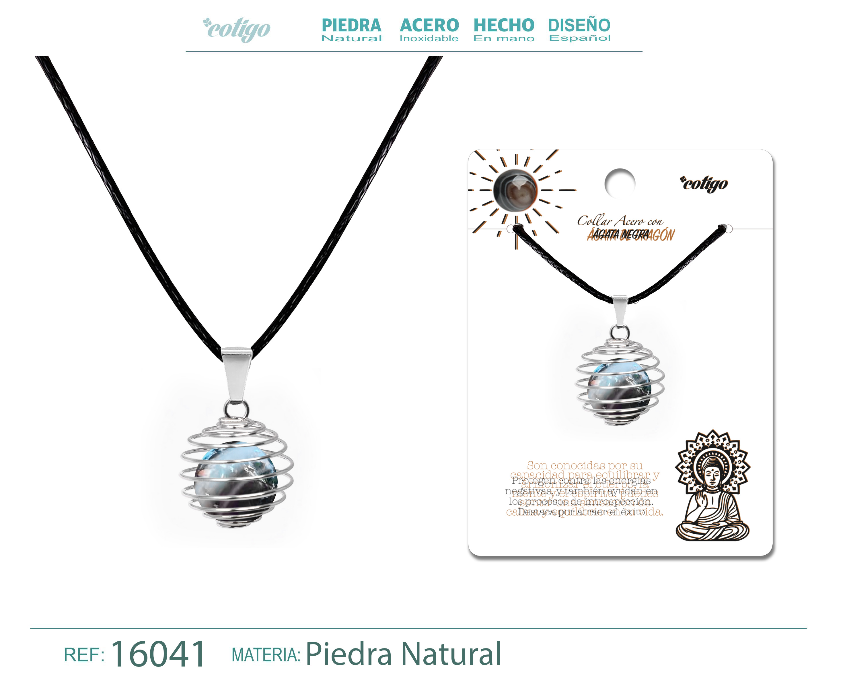 Colgante de ágata Negra 14mm con Acesorio de Acero
