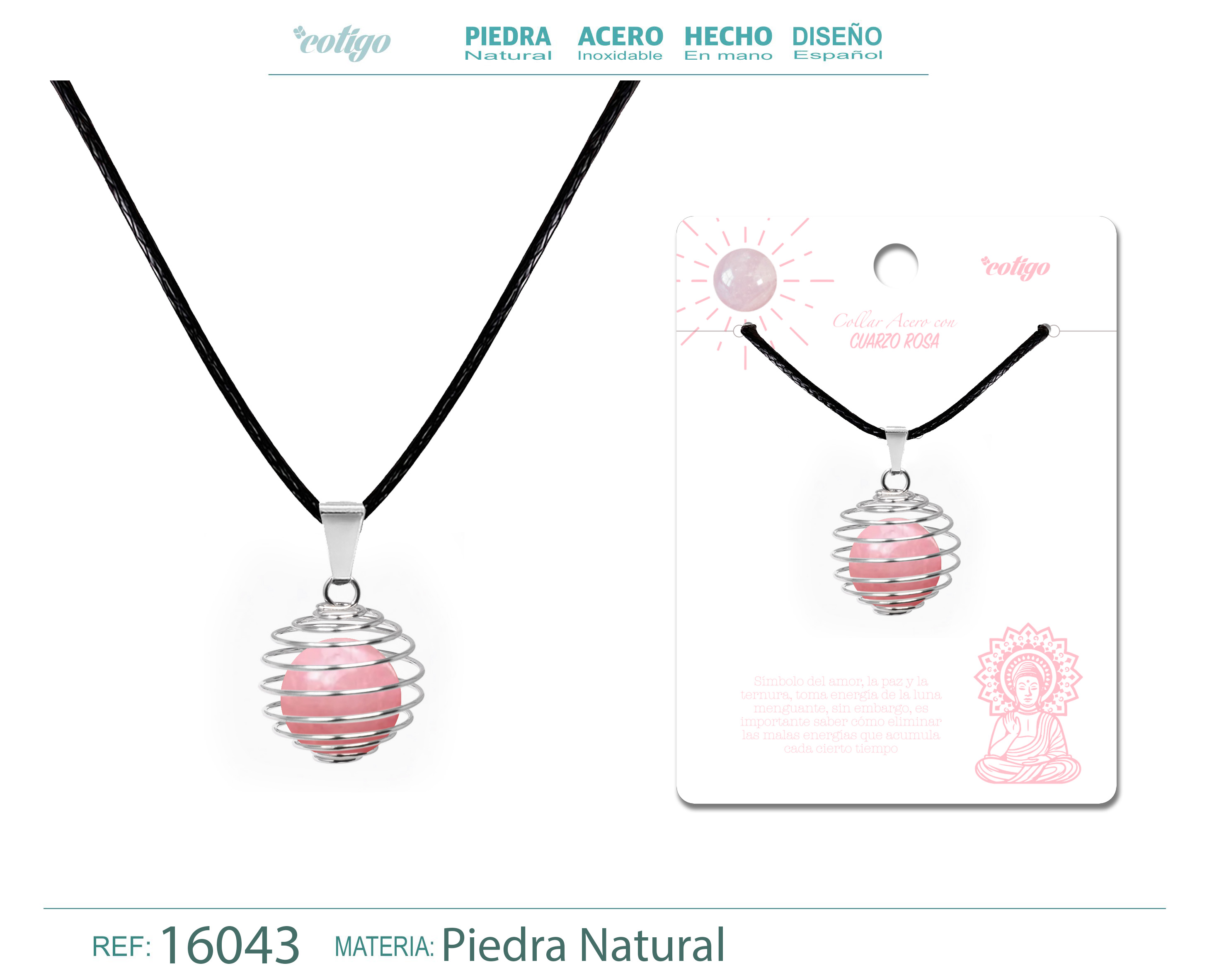 Colgante de Cuarzo Rosa 14mm con Acesorio de Acero