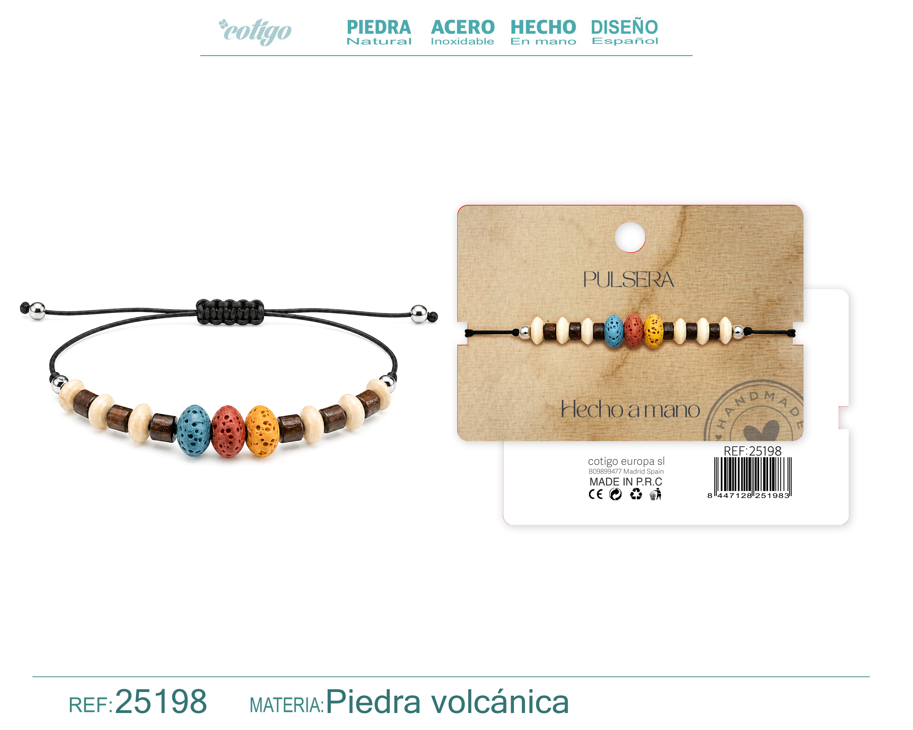 Pulsera Piedra Volcanica Hecho a Mano