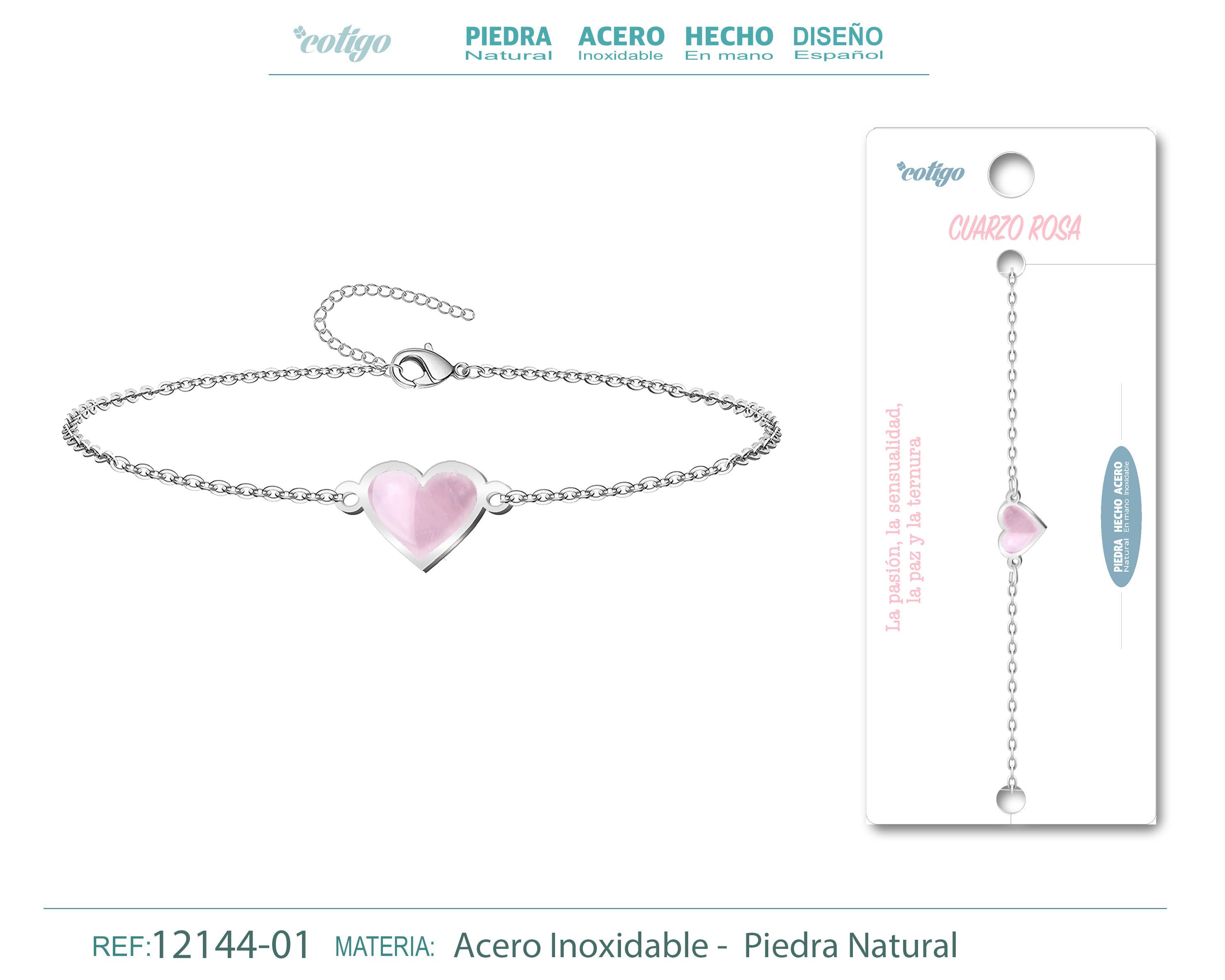 Pulsera corazon con Cuarzo rosa-Plateada