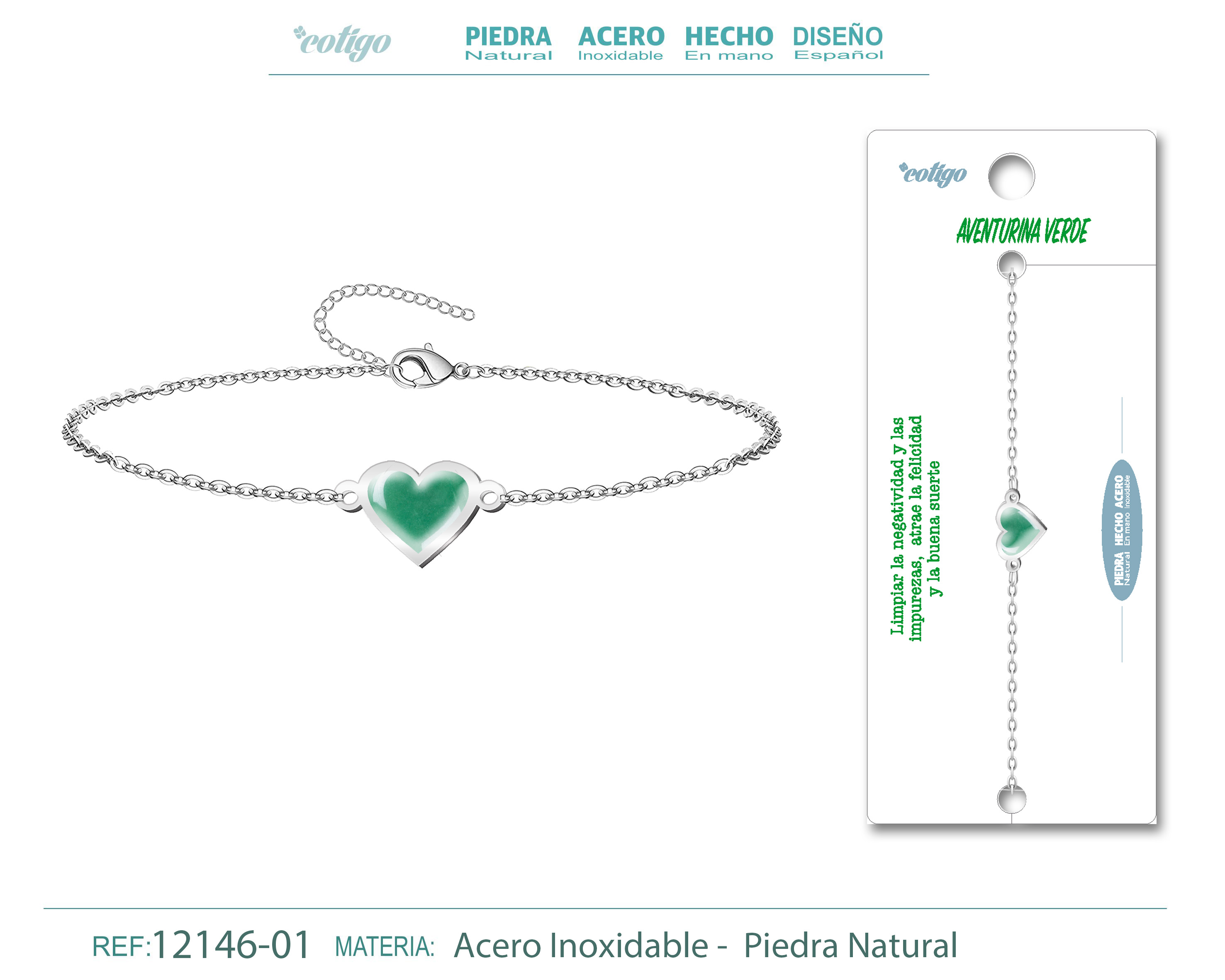 Pulsera corazon con Aventurina verde-Plateada