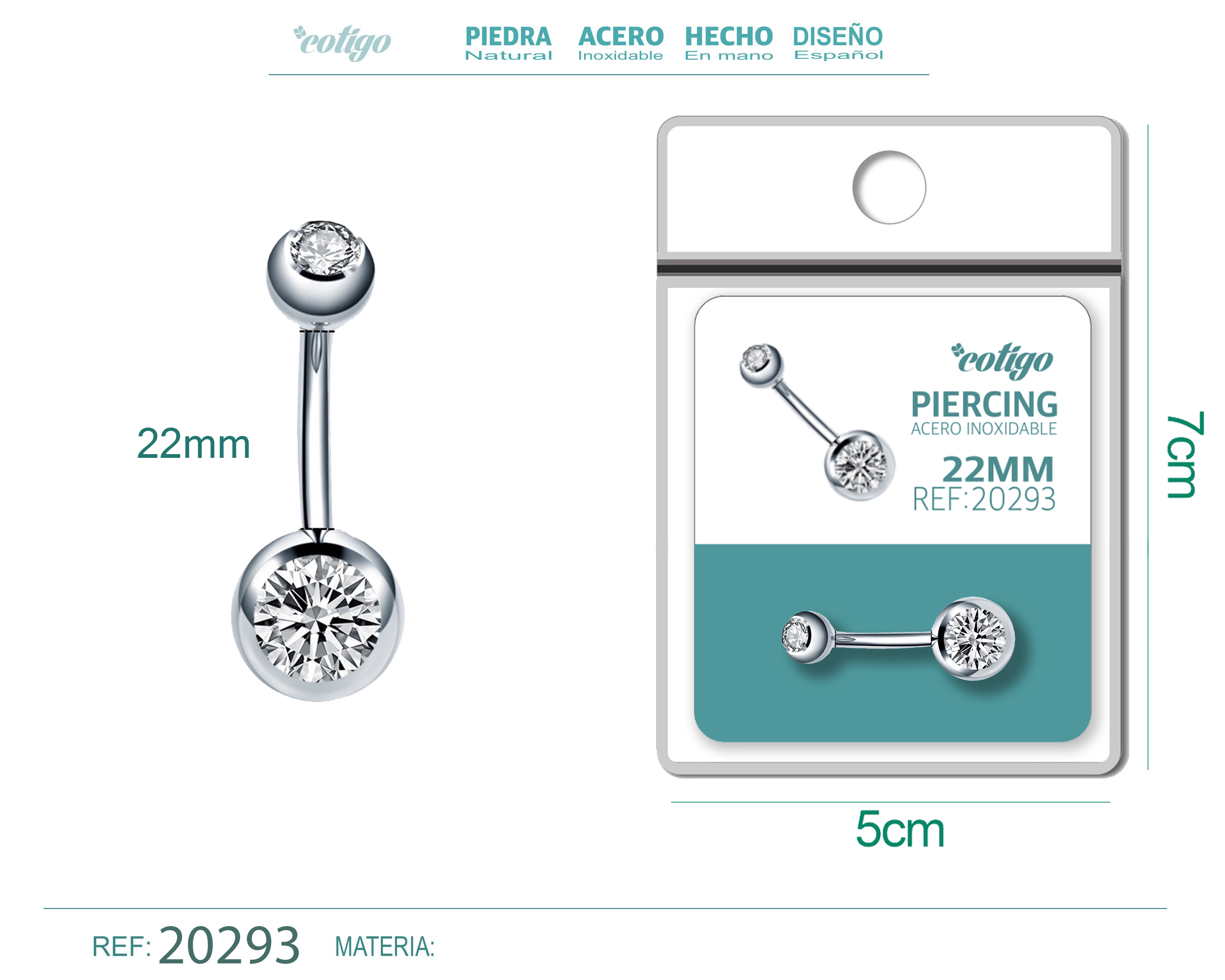 Pirercing Acero Antialergico color Plateado+Transparente