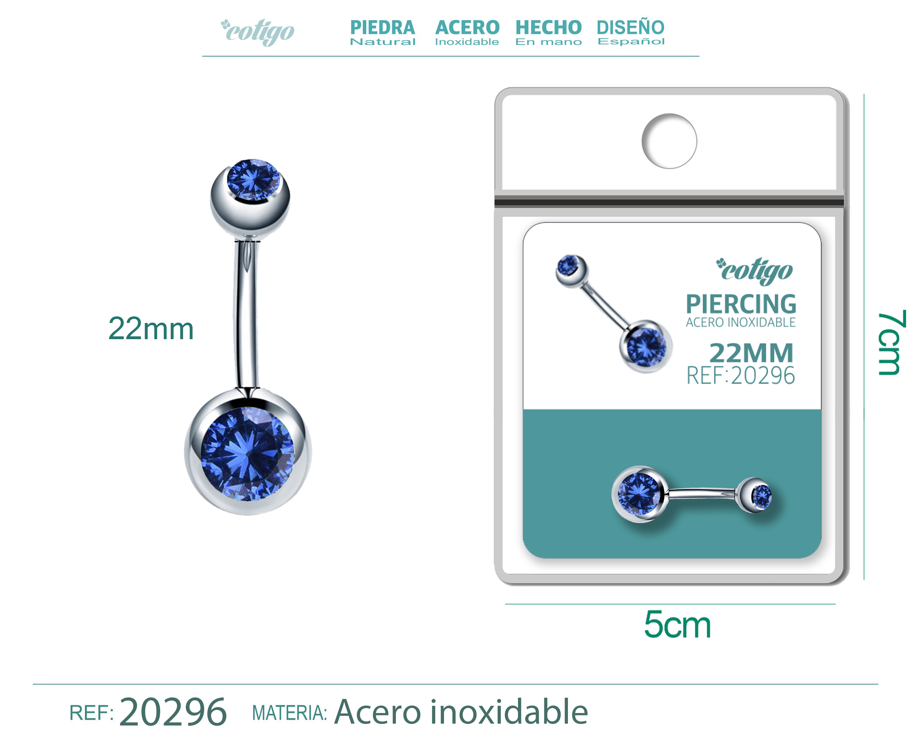 Pirercing Acero Antialergico color Plateado+Azul