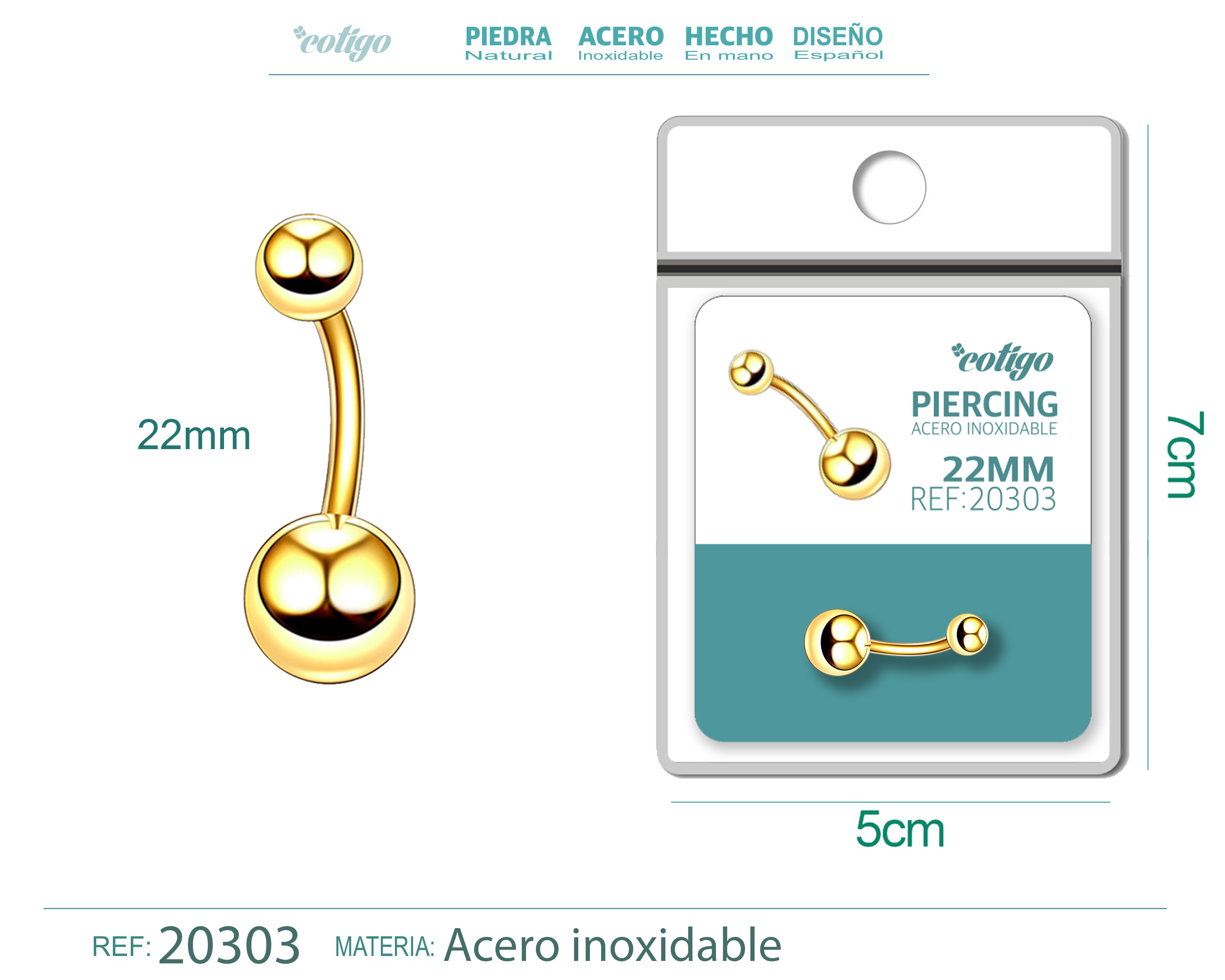 Pirercing Acero Antialergico color Dorado