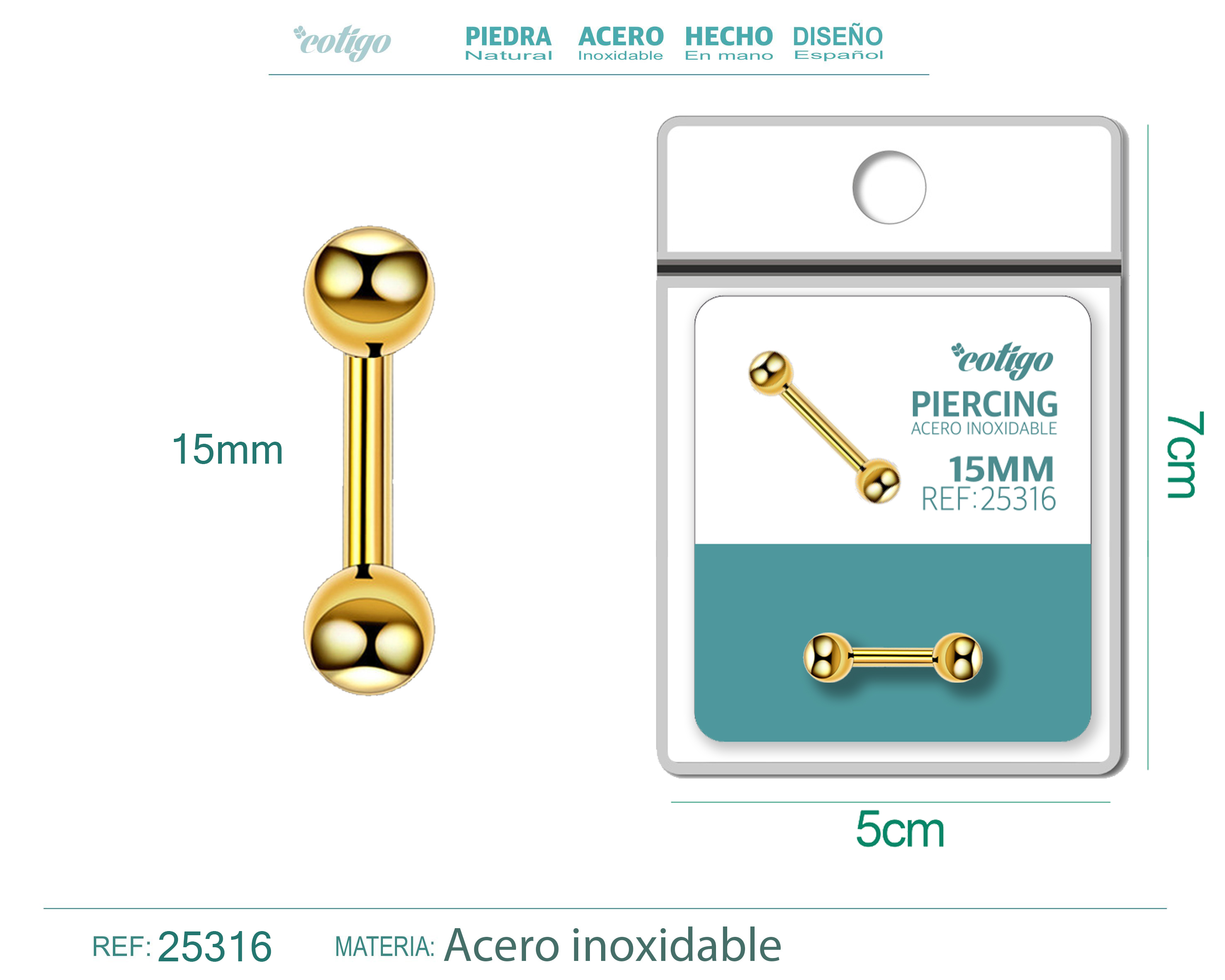 Pirercing Acero Antialergico color Dorado