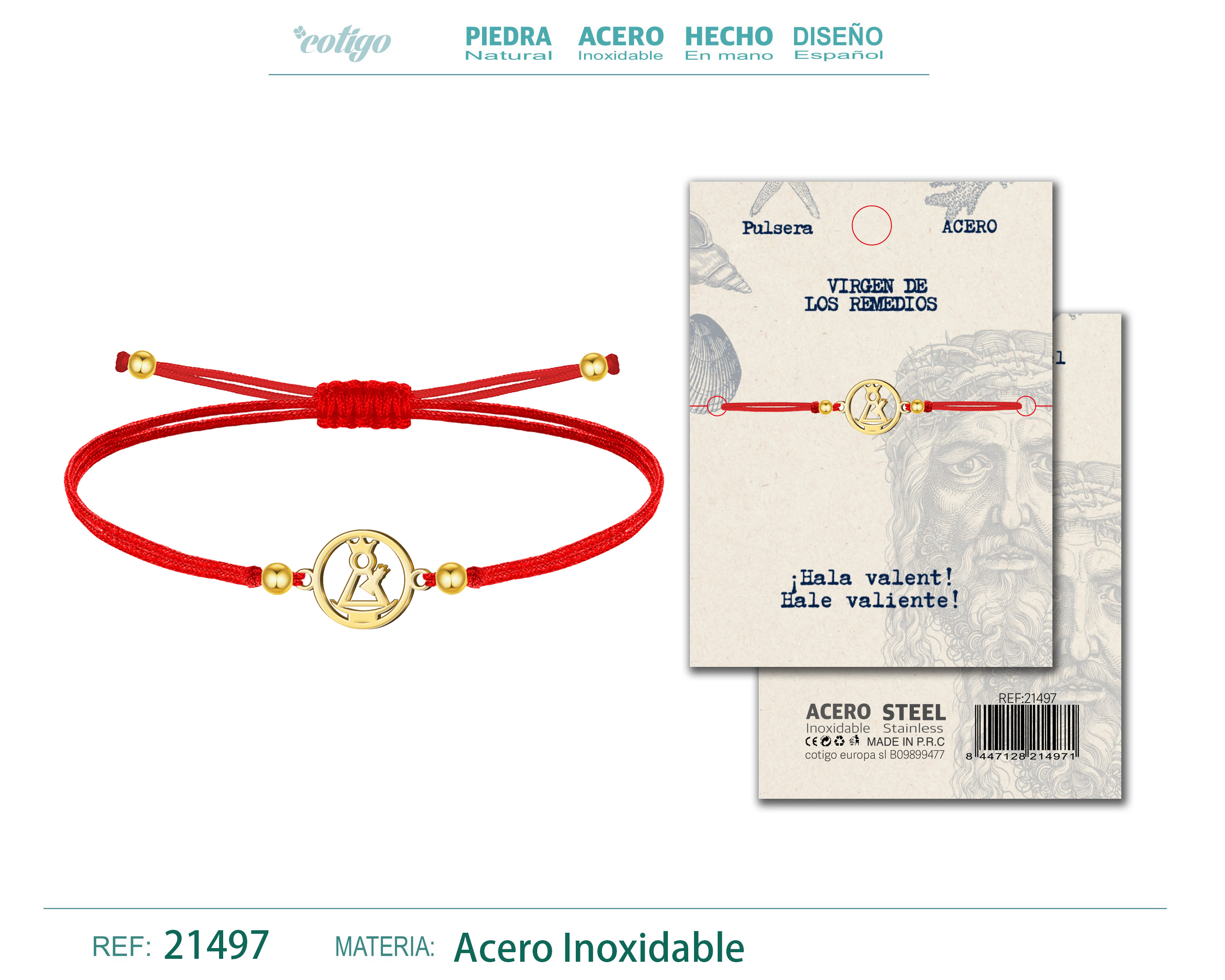 Pulsera Hilo encerado con Virgen de los remedios Acero Dorado
