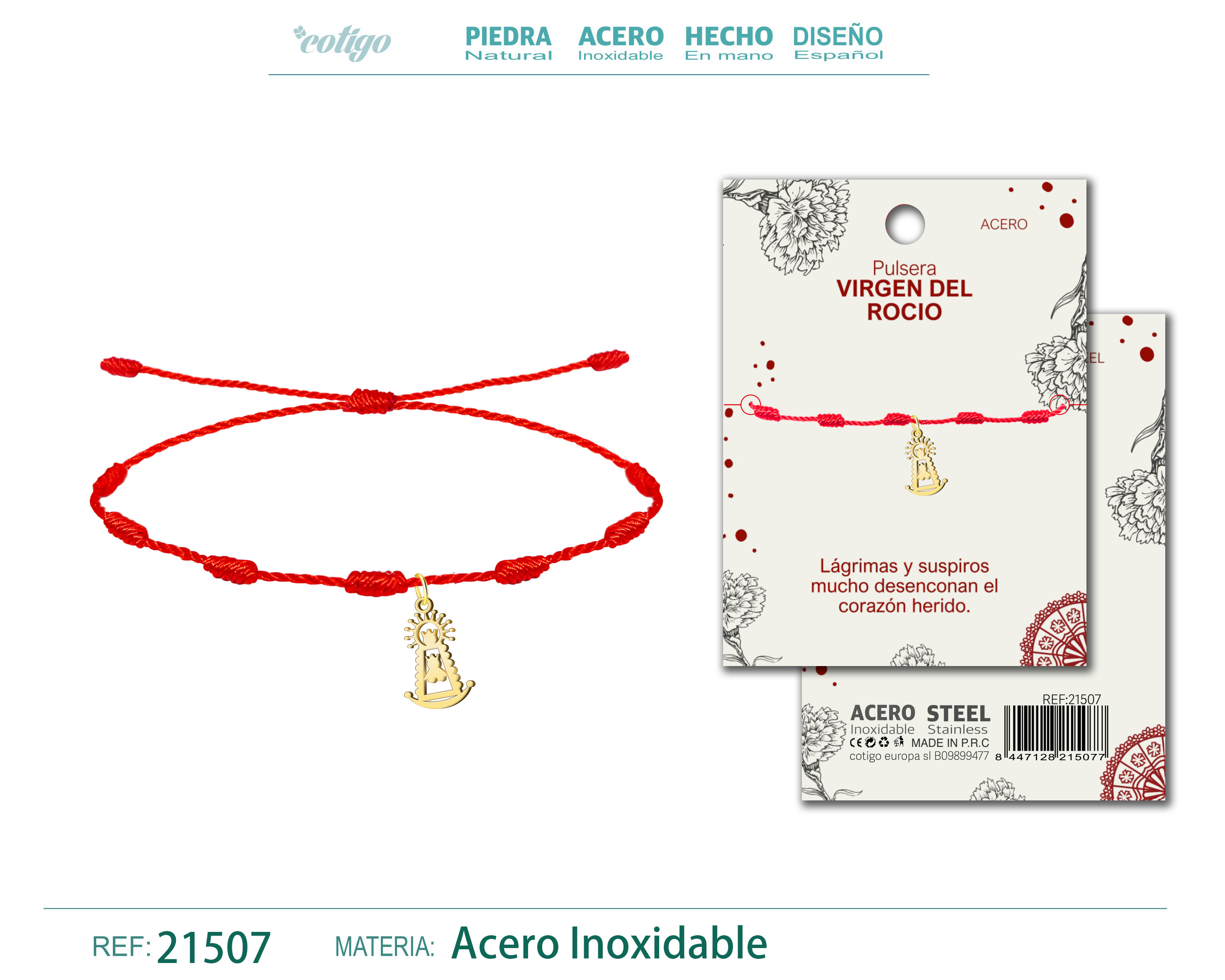 Pulsera 7 nudos con Colgante Virgen de rocio Acero Dorado