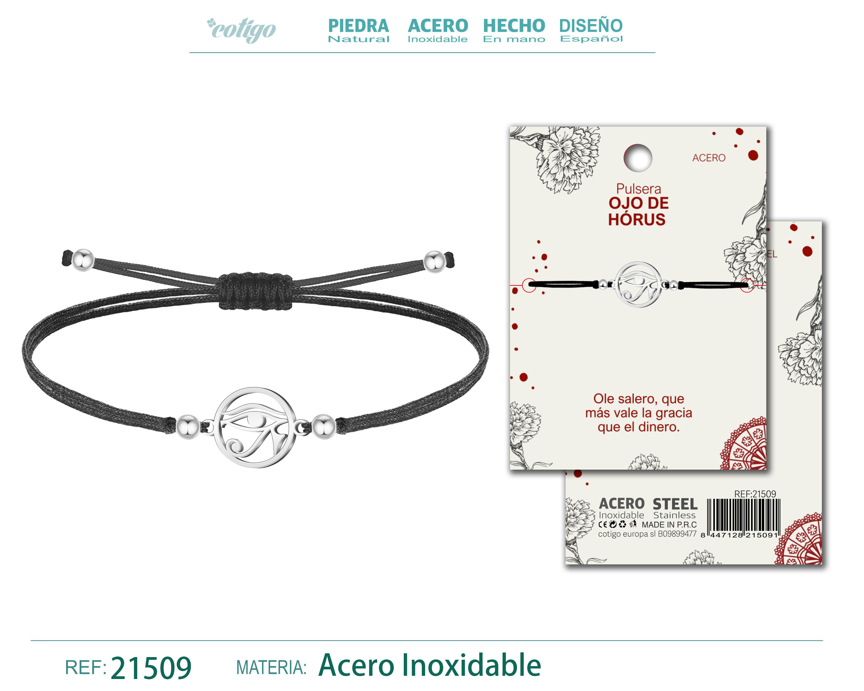 Pulsera Hilo encerado con Ojo horus Acero Plateado
