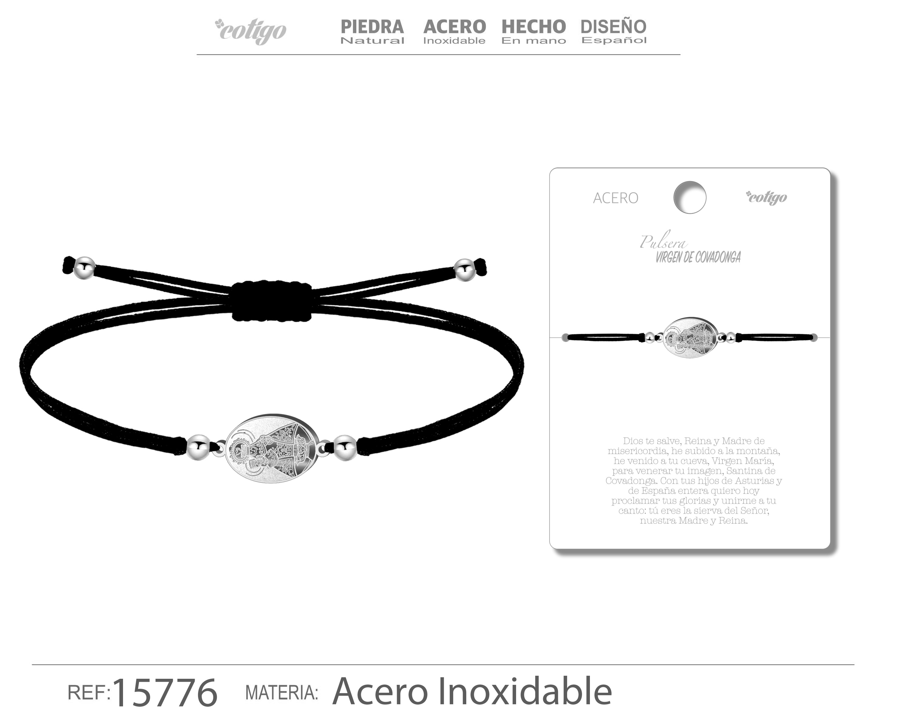 Pulsera Hilo encerado con Virgen de Covadonga Acero Plateado