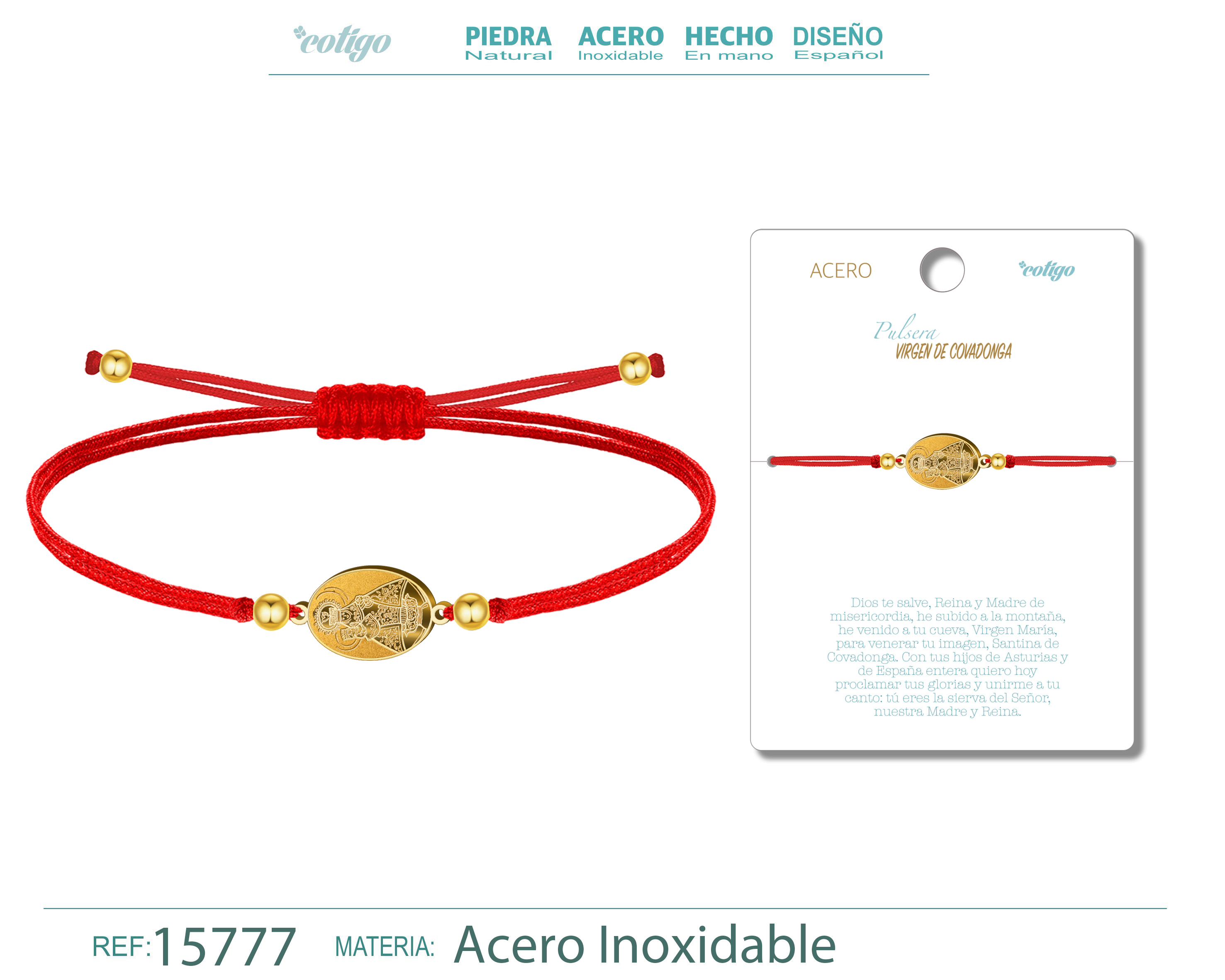 Pulsera Hilo encerado con Virgen de Covadonga Acero Dorado