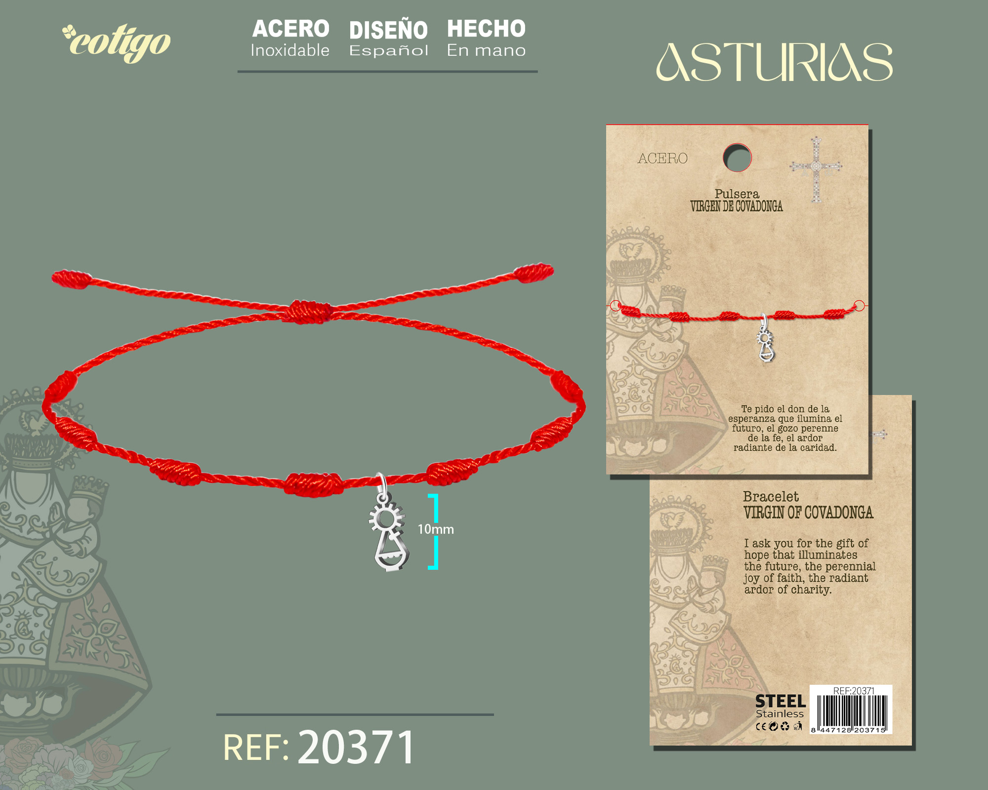 PULSERA 7 NUDOS CON VIRGEN CoVADONGA ACERO PLATADO