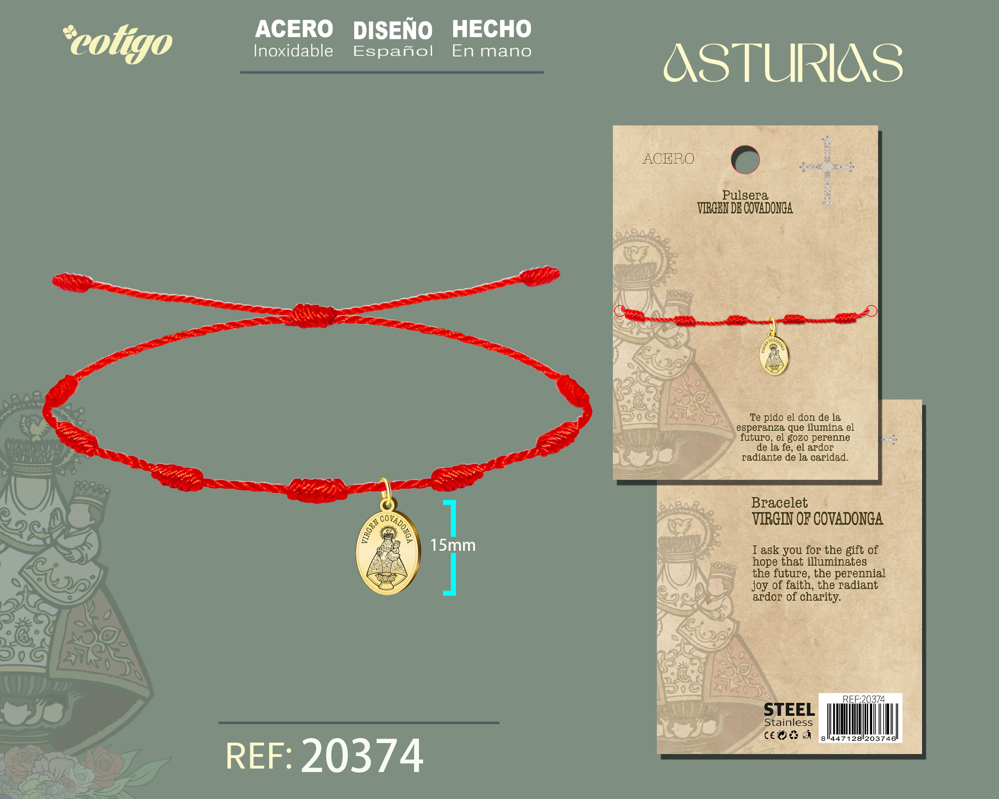 PULSERA 7 NUDOS CON VIRGEN COVADONGA ACERO DORADO
