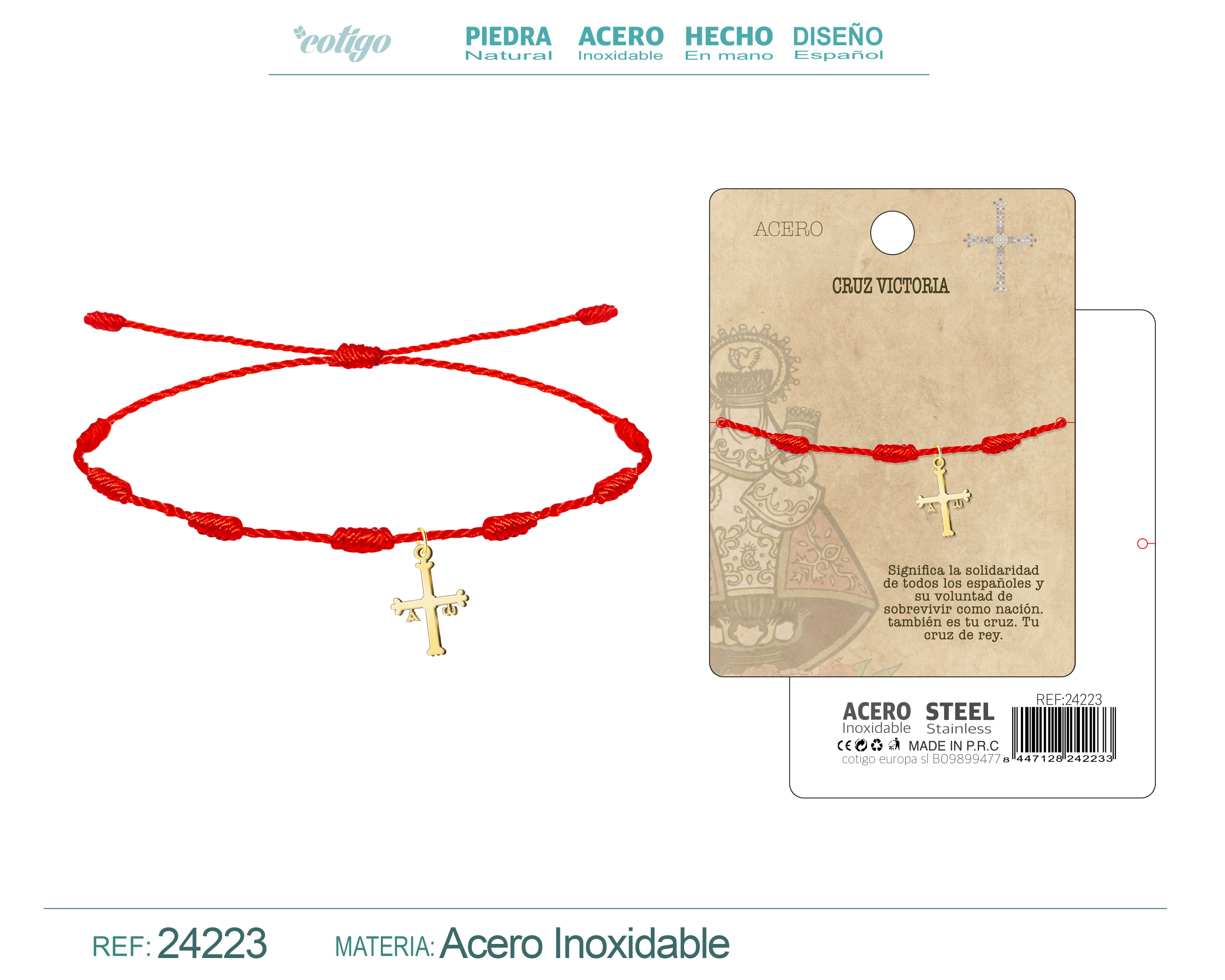 Pulsera 7 nudos con Cruz de la Victoria Acero color Dorado