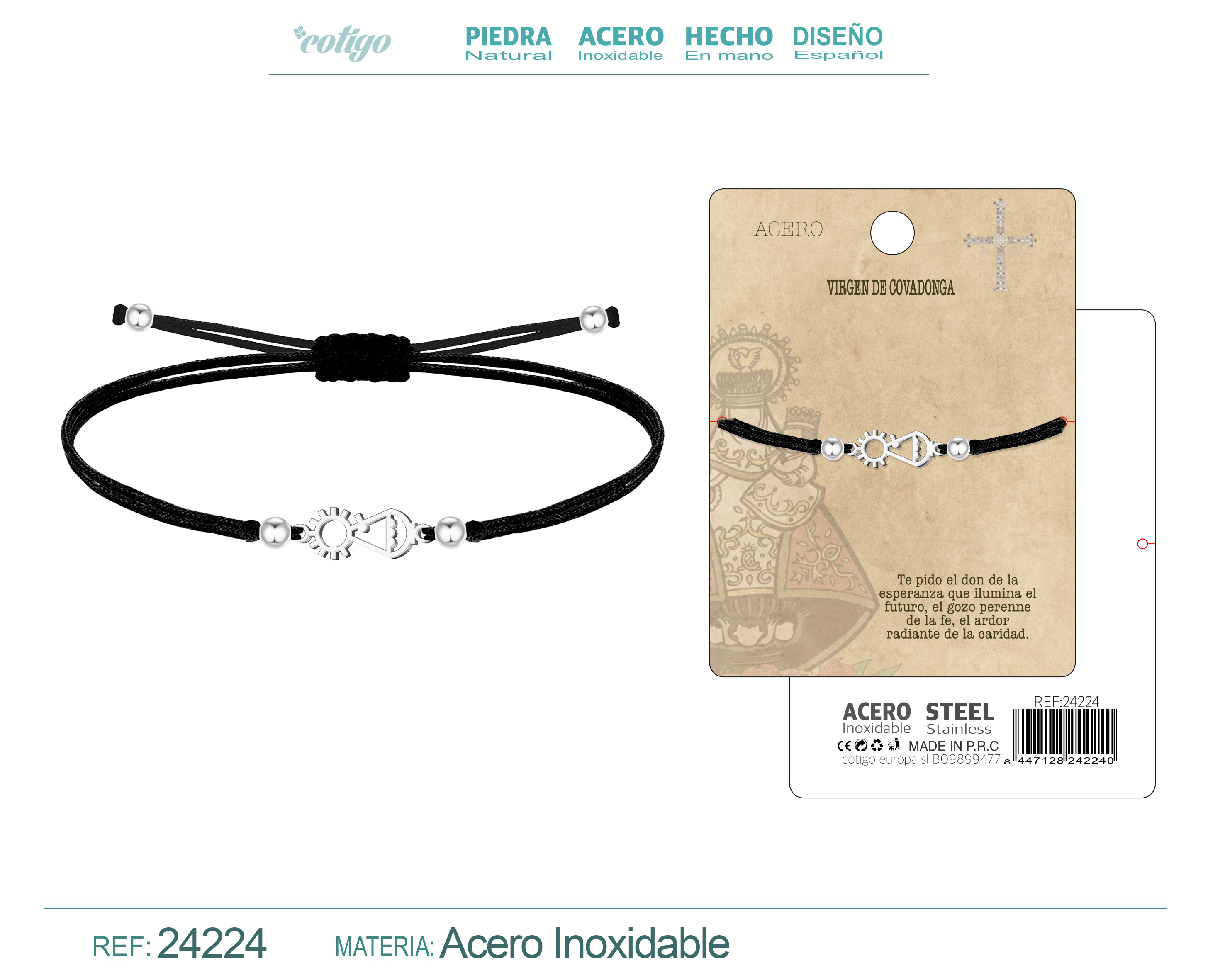Pulsera hilo Encerado con Virgen de Covadonga Acero color Plateado