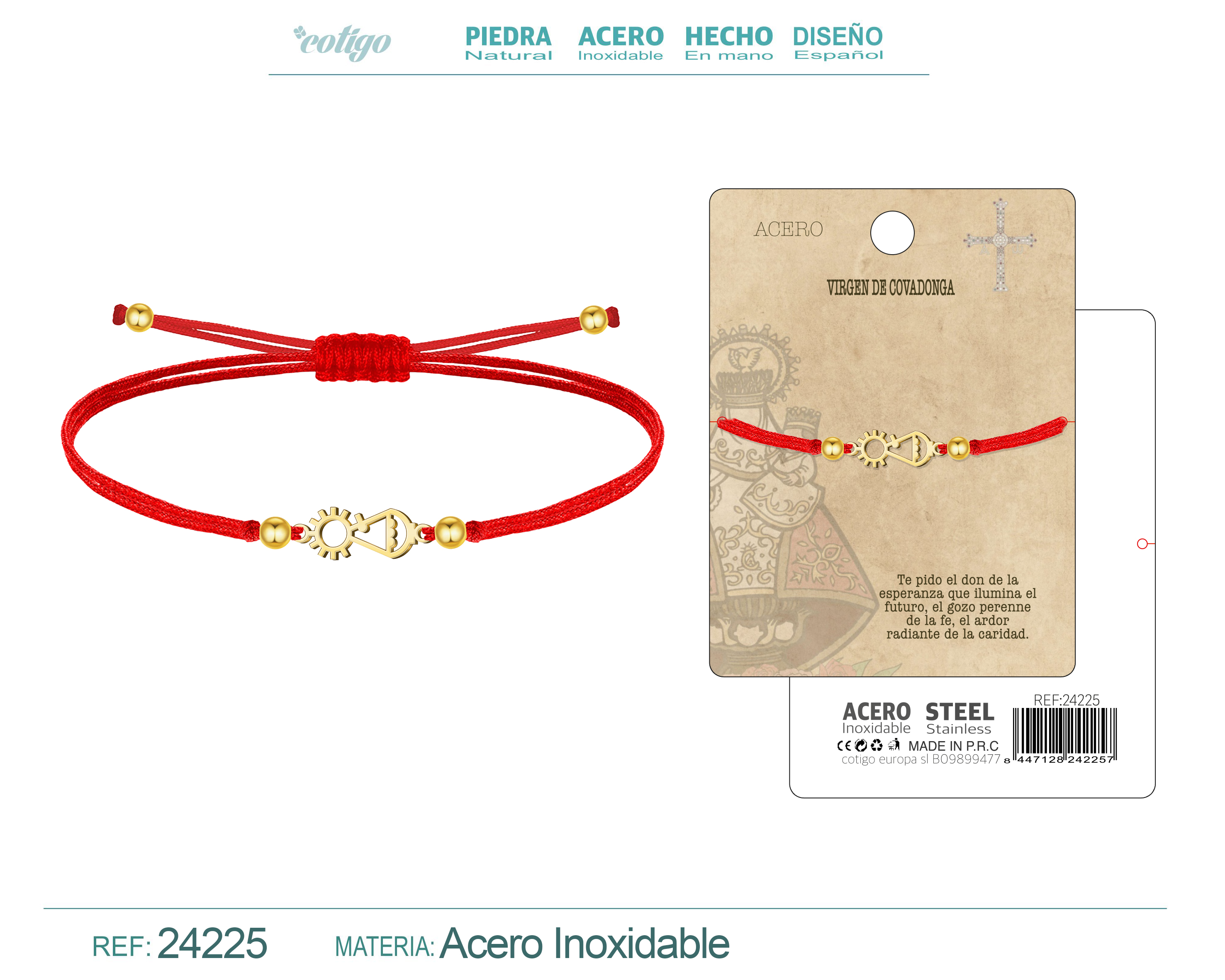 Pulsera hilo Encerado con Virgen de Covadonga Acero color Dorado