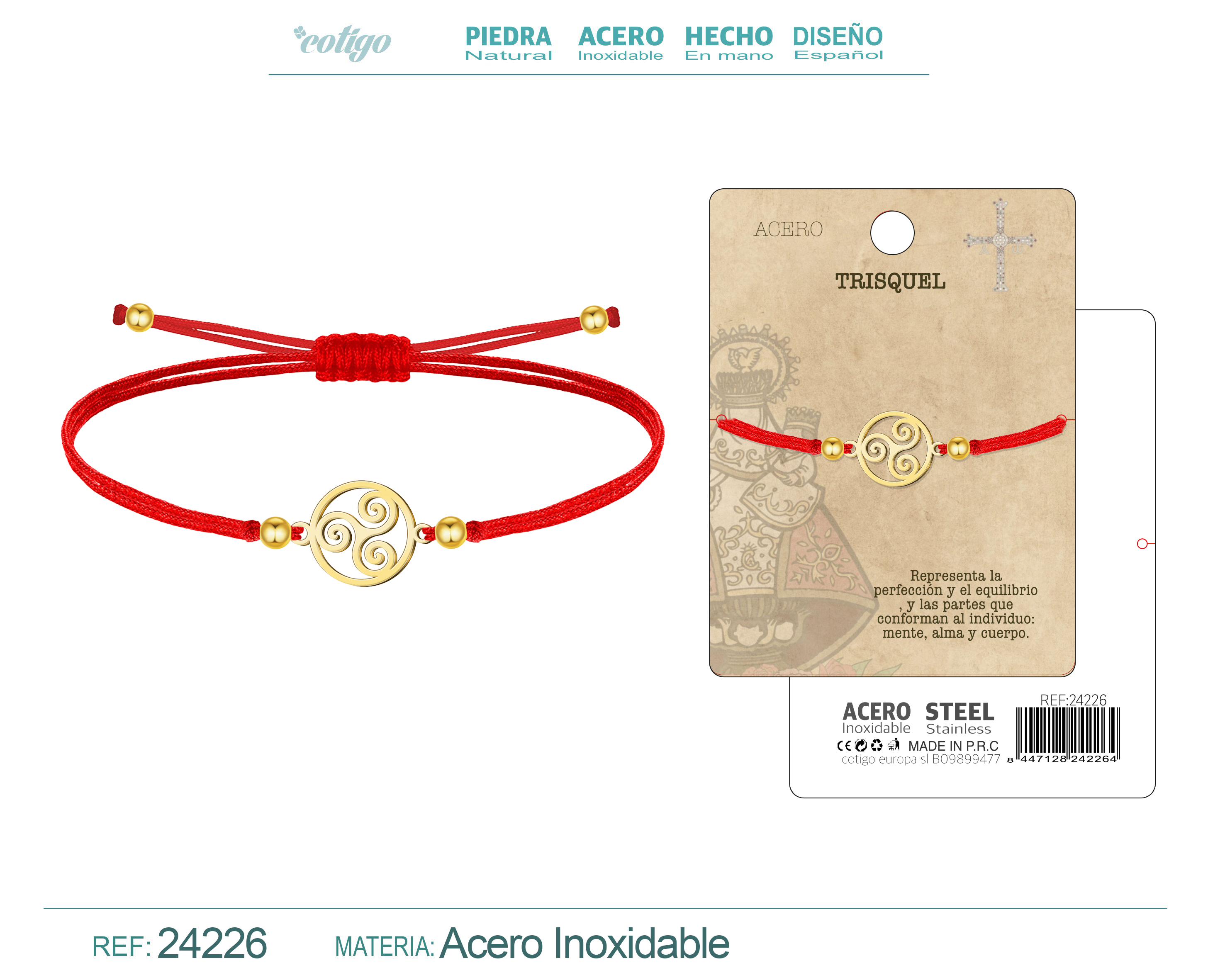 Pulsera Hilo Encerado con Trisquel Acero color Dorado