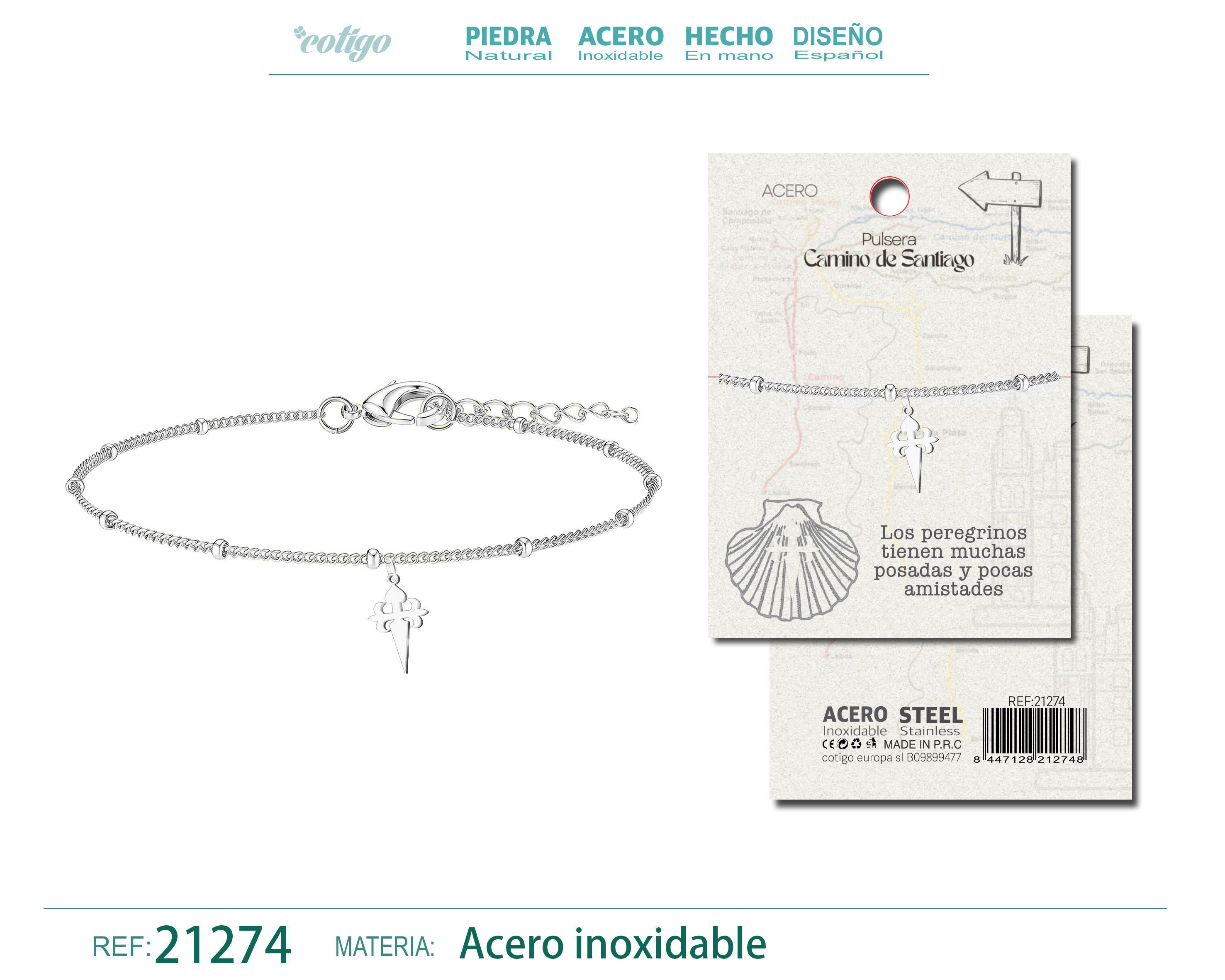 PULSERA CRUZ SANTIAGO ACERO PLATEADO