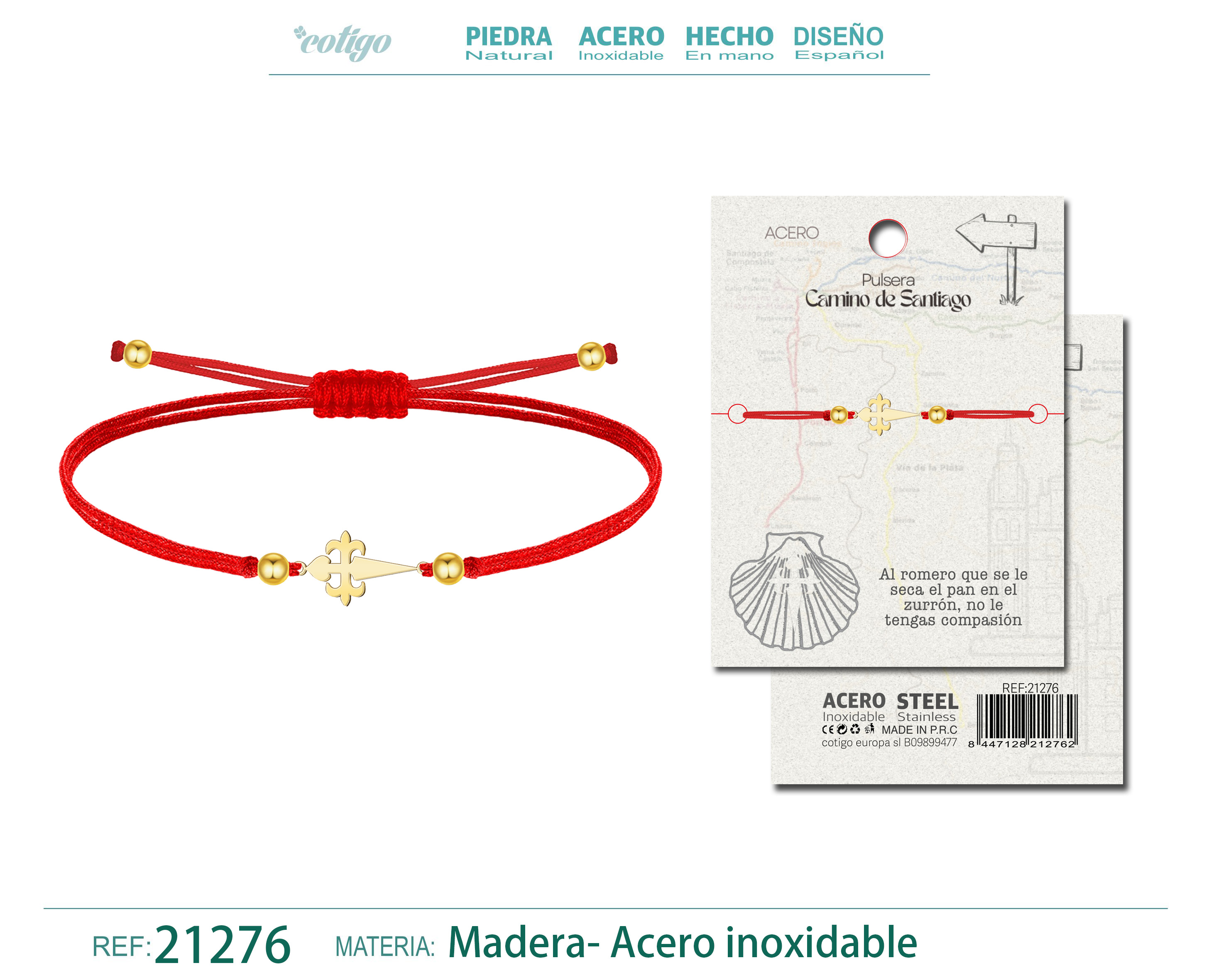 PULSERA HILO ENCERADO CON CRUZ SANTIAGO ACERO DORADO