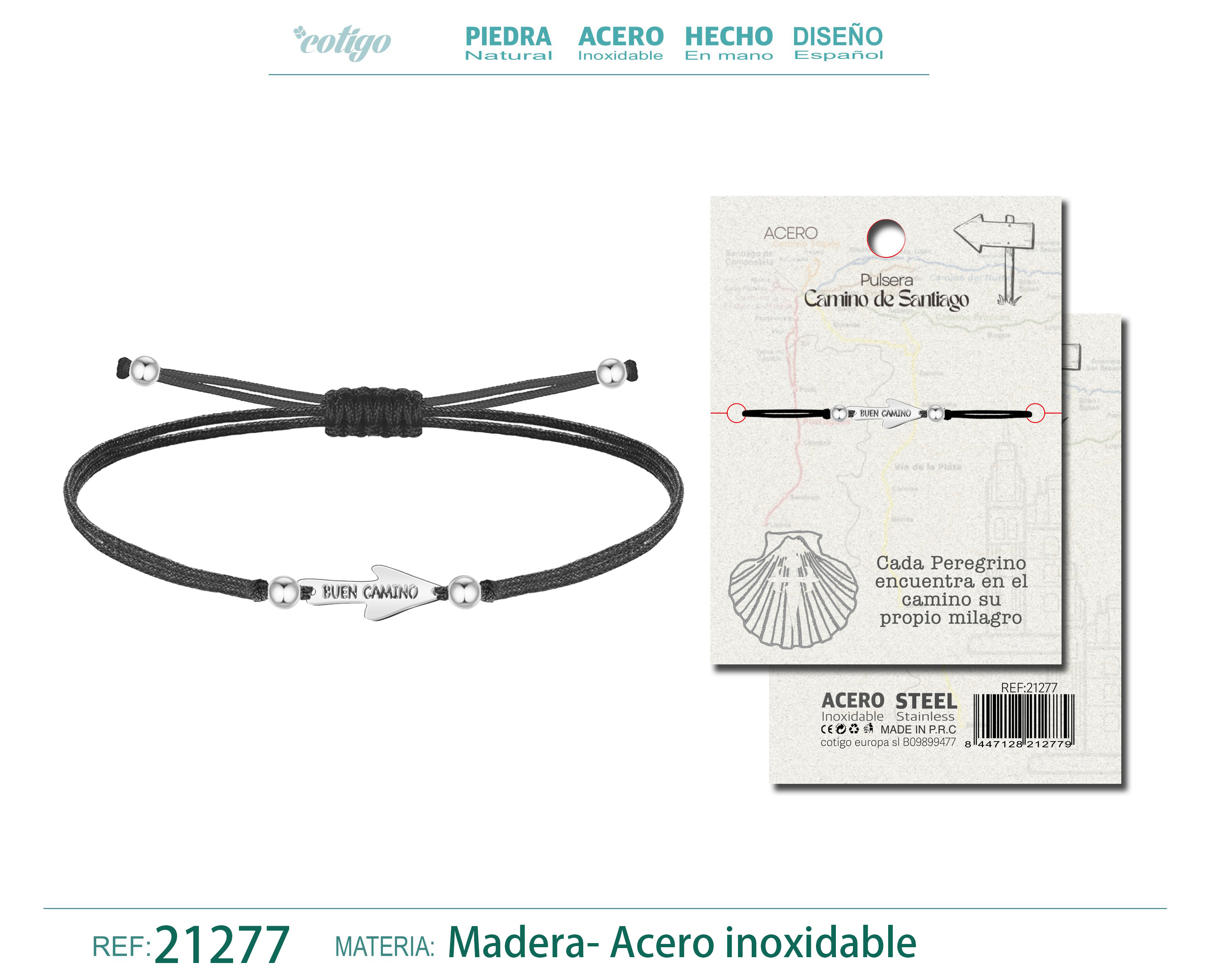 PULSERA HILO ENCERADO CON CAMINO SANTIAGO ACERO PLATEADO