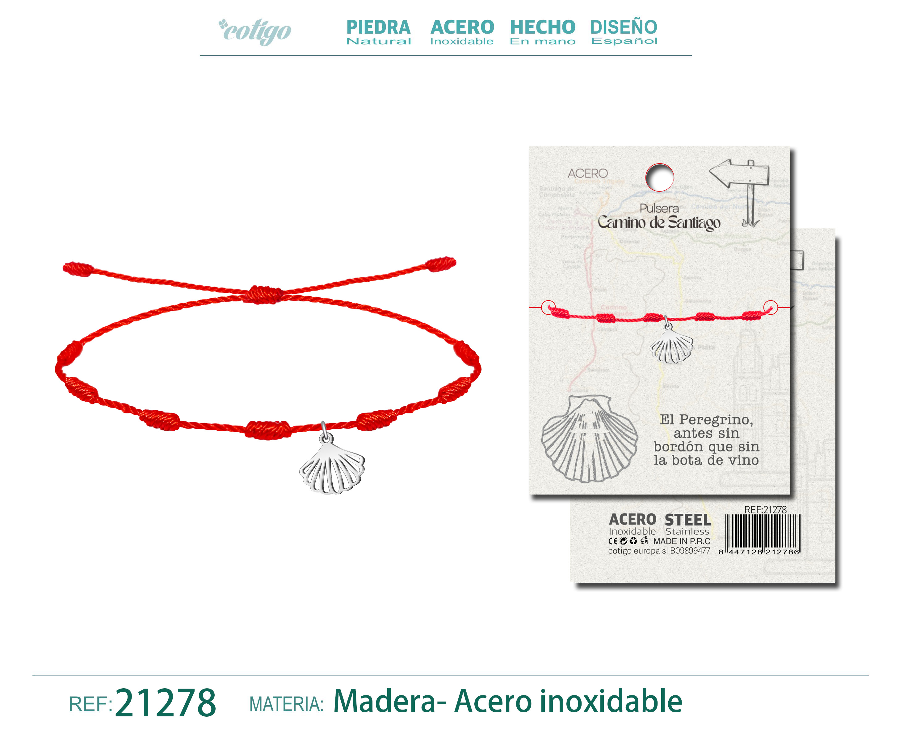 PULSERA 7 NUDOS CON CAMINO CONCHA DE PEREGRINO ACERO PLATEADO