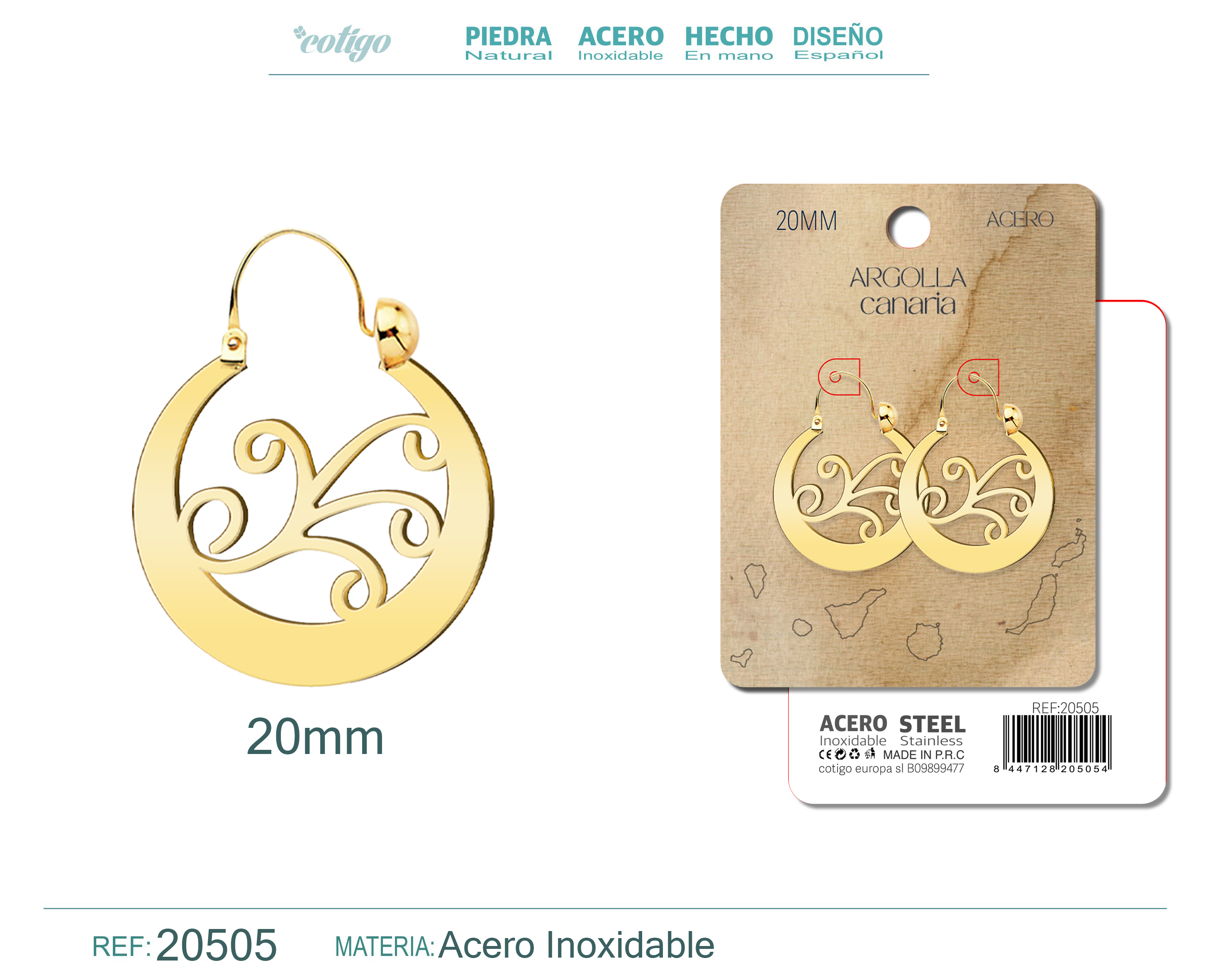 Argolla Canaria 20mm Acero color Dorado