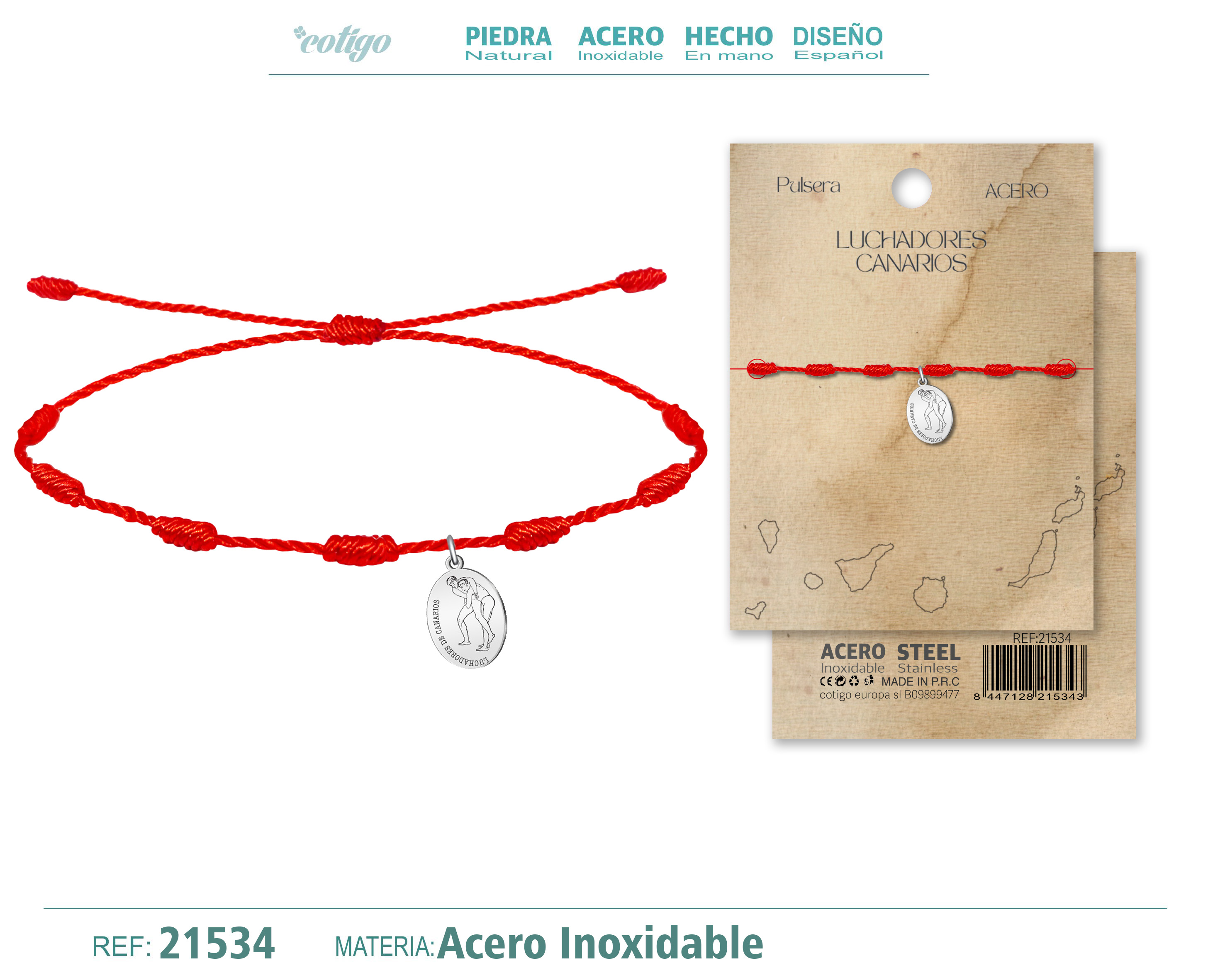 Pulsera 7 nudos con Colgante Luchadores de canarios Acero Plateado