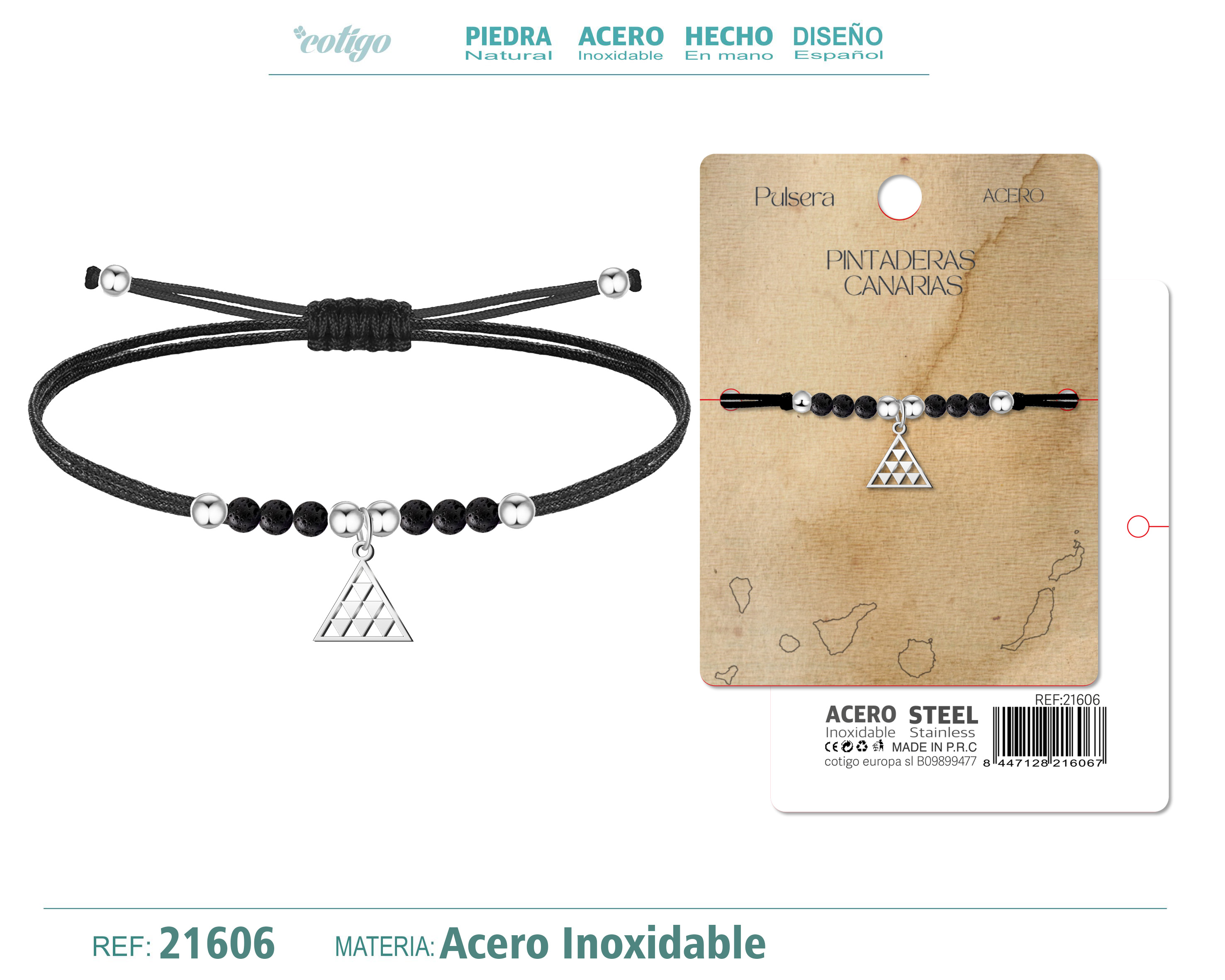 Pulsera Hilo encerado con Pintadera Canarias Acero Plateado