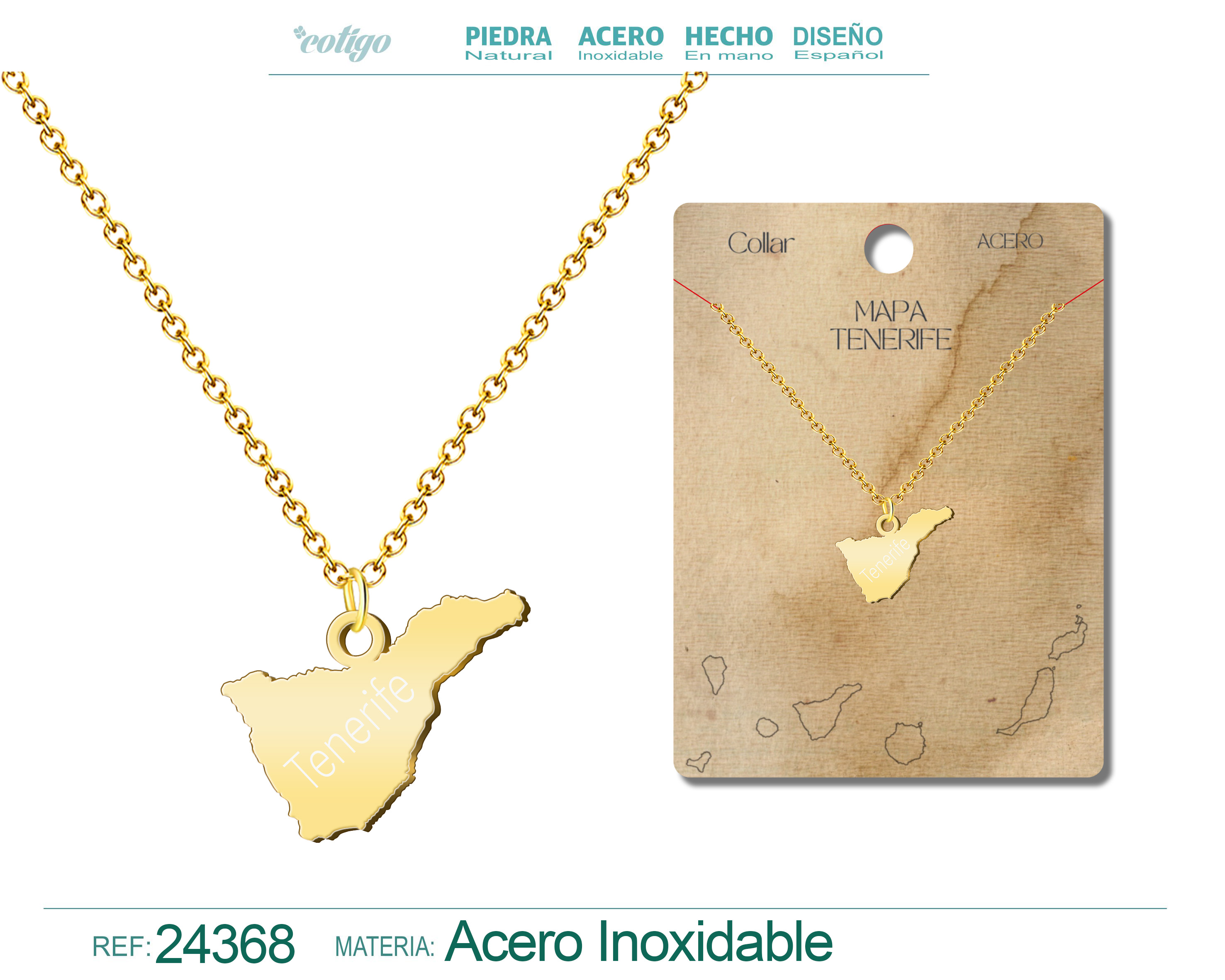 Collar con Mapa de Tenerife Acero color Dorado