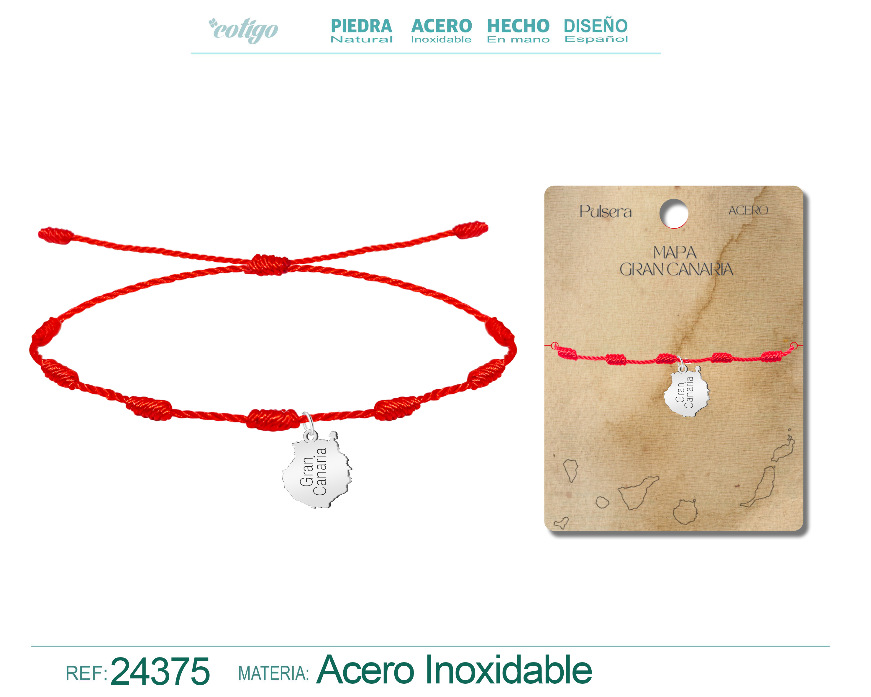Pulsera 7 Nudos con Mapa de Gran Canaria Acero color Plateado