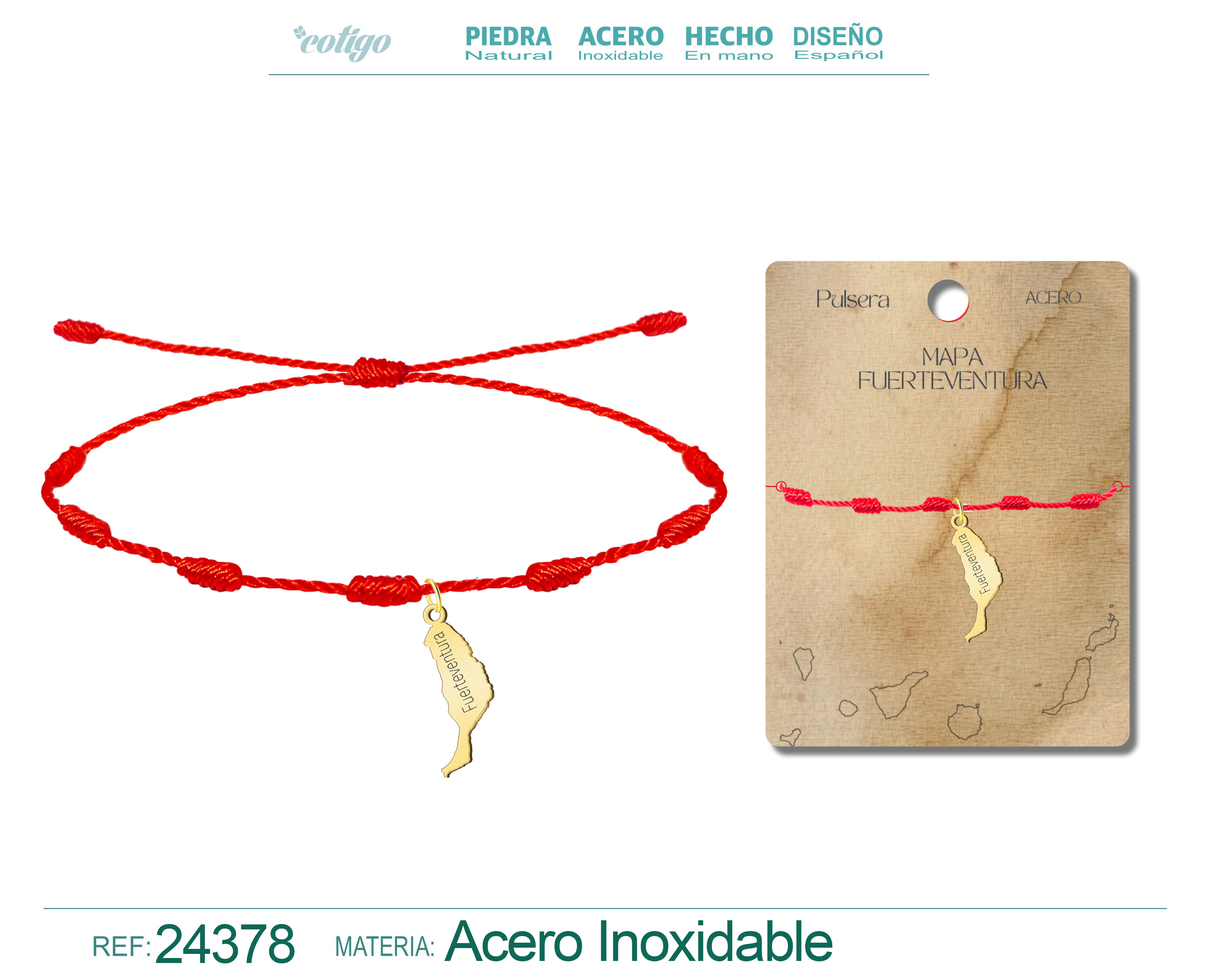 Pulsera 7 Nudos con Mapa de Fuerteventura Acero color Dorado