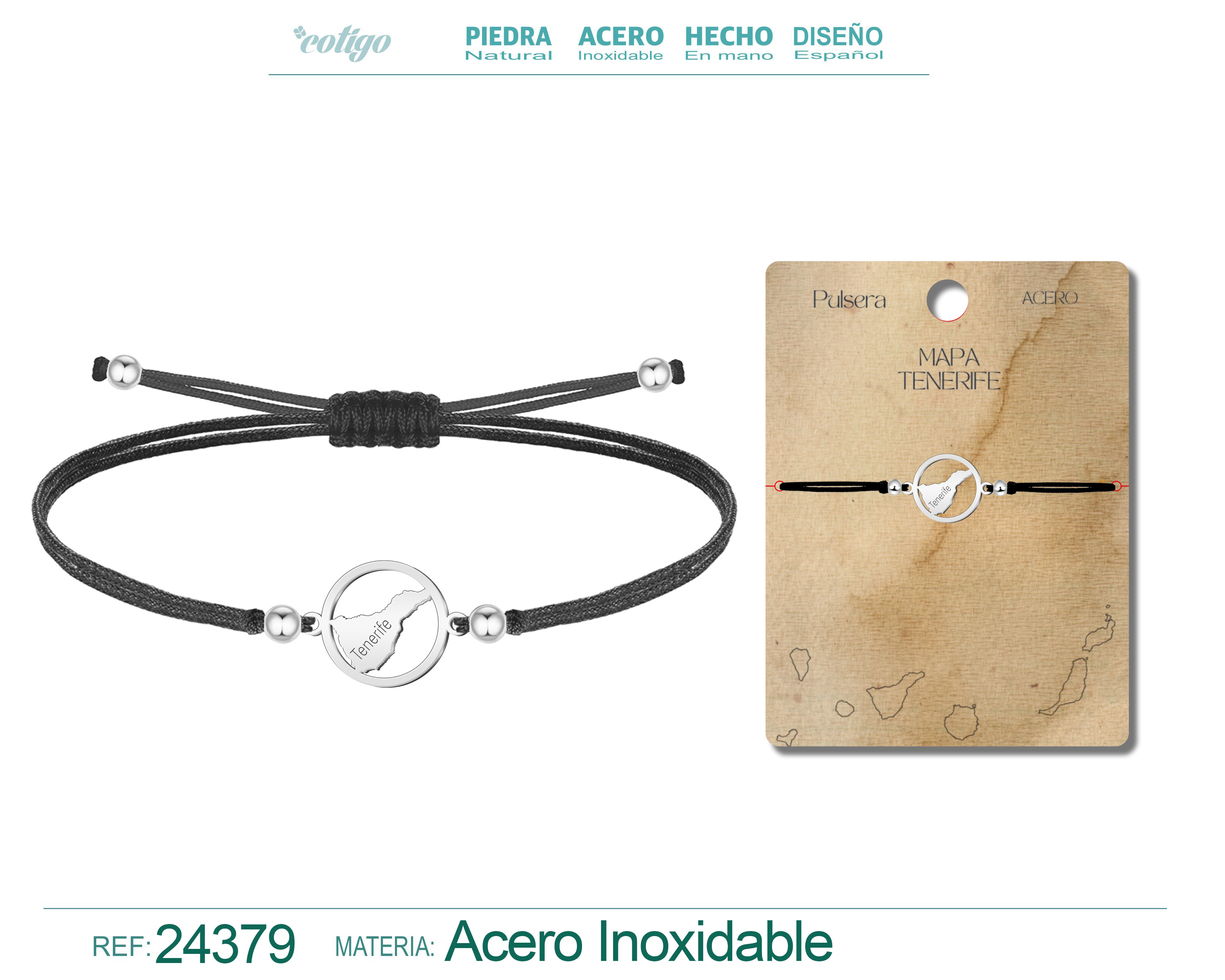 Pulsera Hilo encerado con Mapa de Tenerife Acero color Plateado