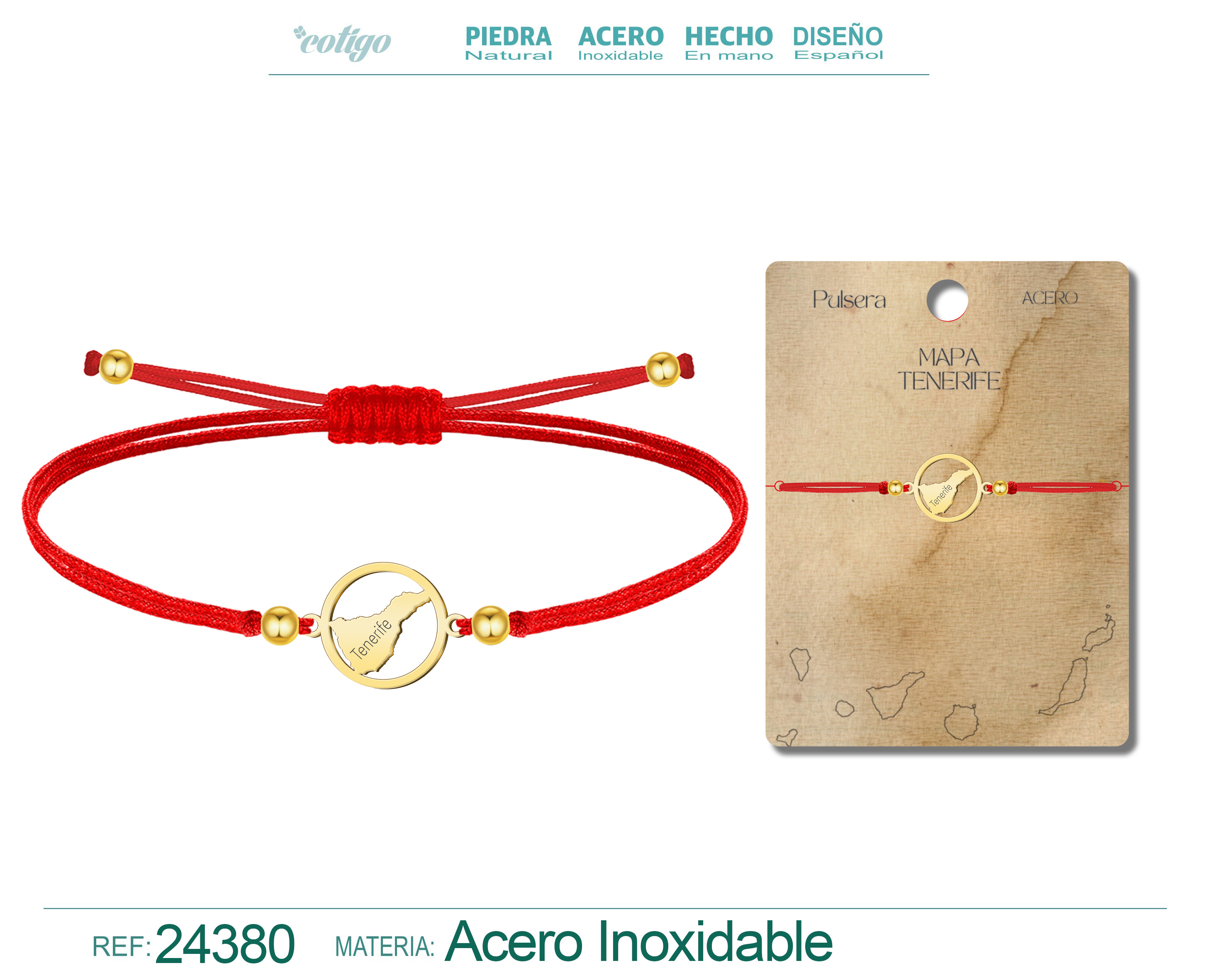 Pulsera Hilo encerado con Mapa de Tenerife Acero color Dorado