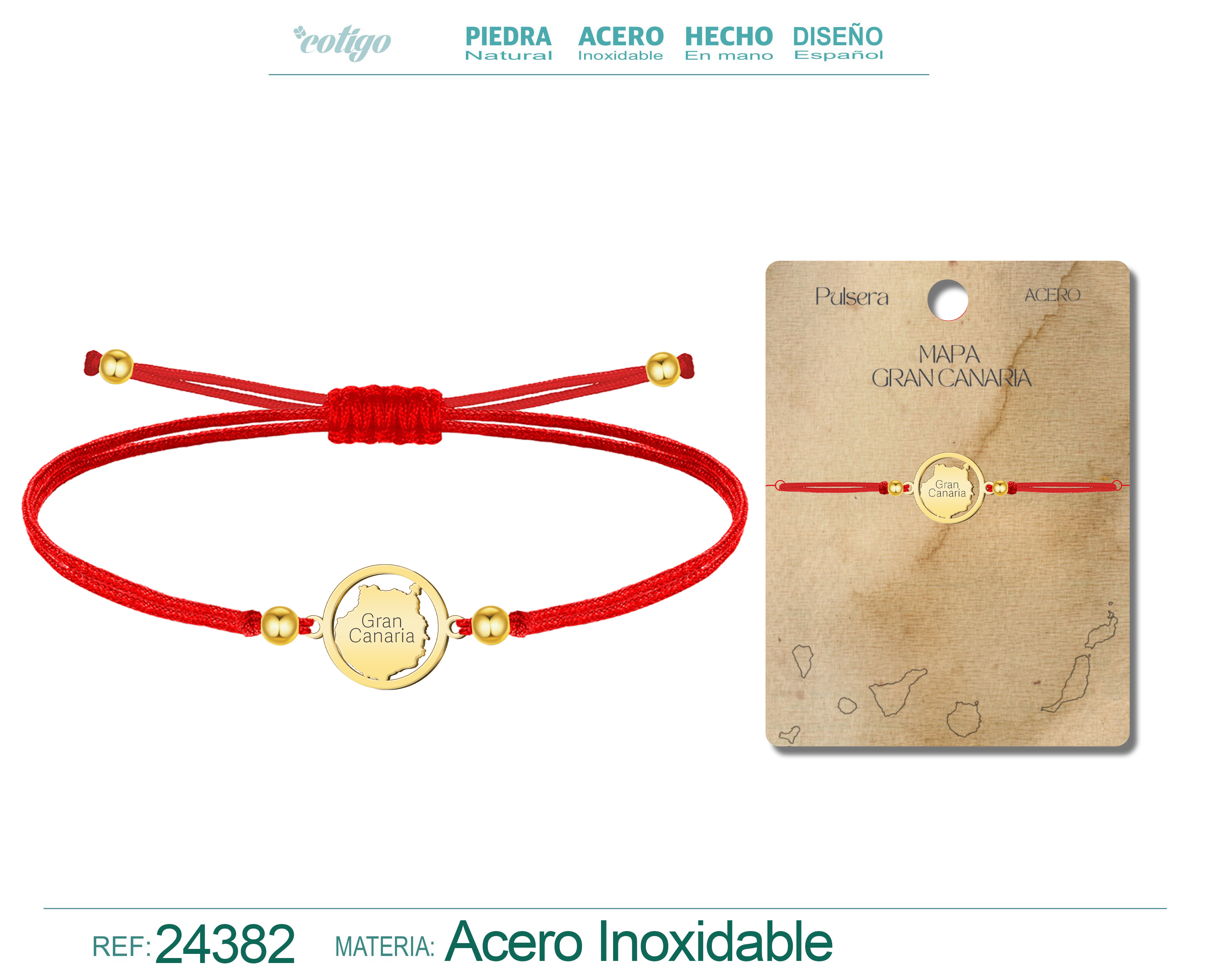 Pulsera Hilo encerado con Mapa de Gran Canaria Acero color Dorado