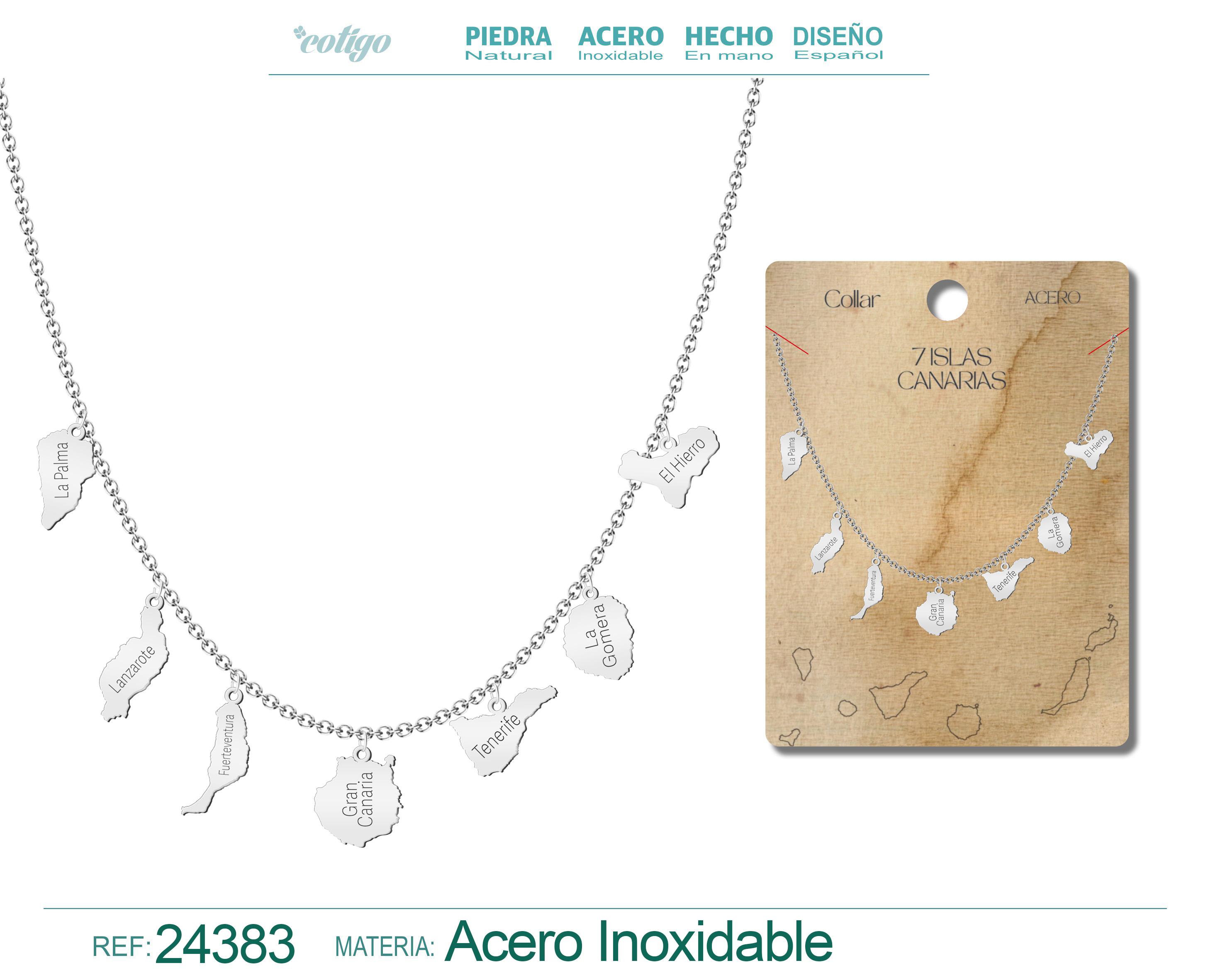 Collar con Colgante de 7 Isalas de Canarias Acero color Plateado