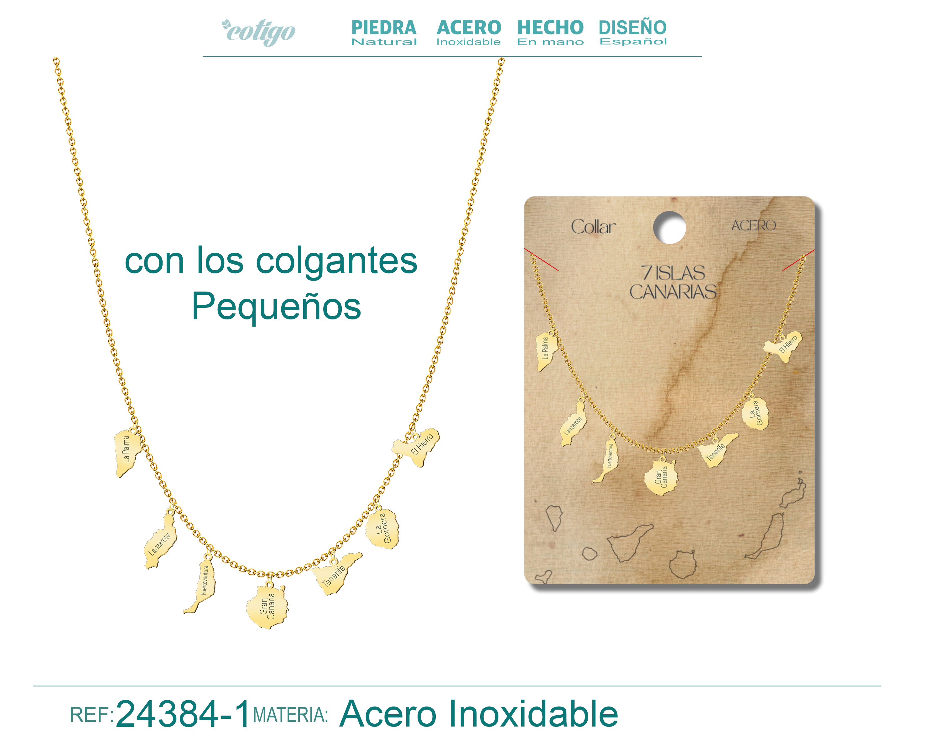 Collar con Colgante de 7 Isalas de Canarias Acero color Dorado