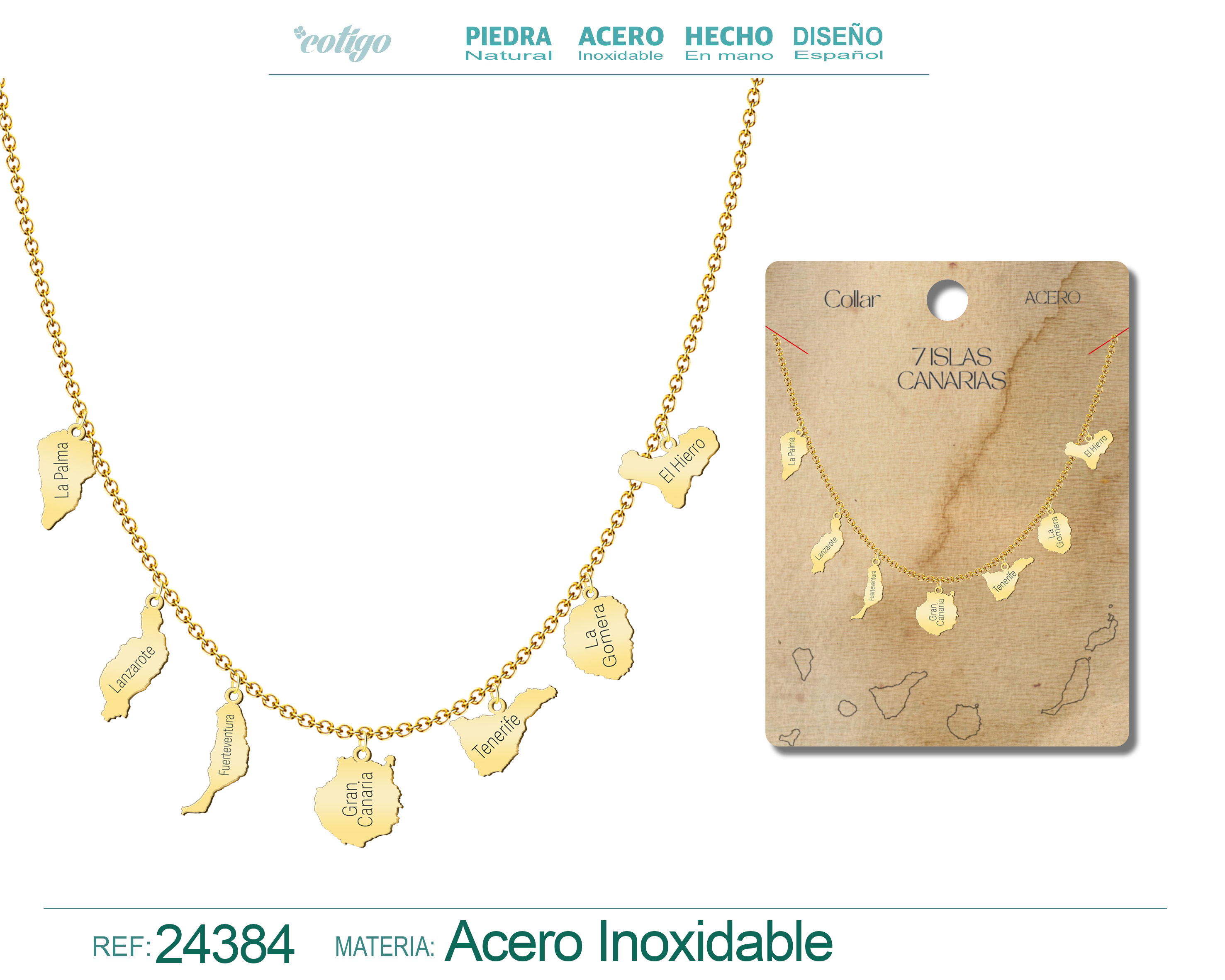 Collar con Colgante de 7 Isalas de Canarias Acero color Dorado