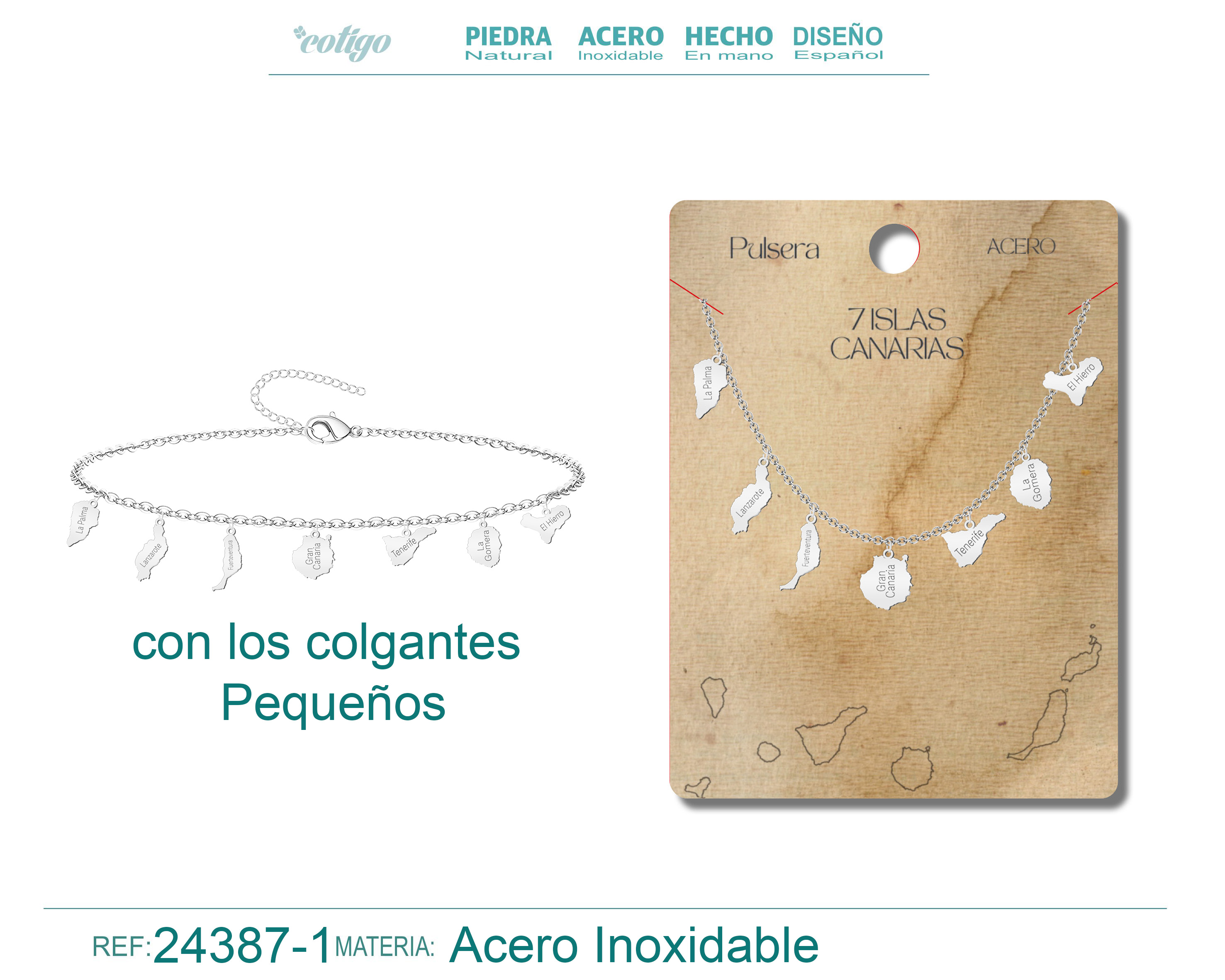 Pulsera con Colgante de 7 Isalas de Canarias Acero color Plateado