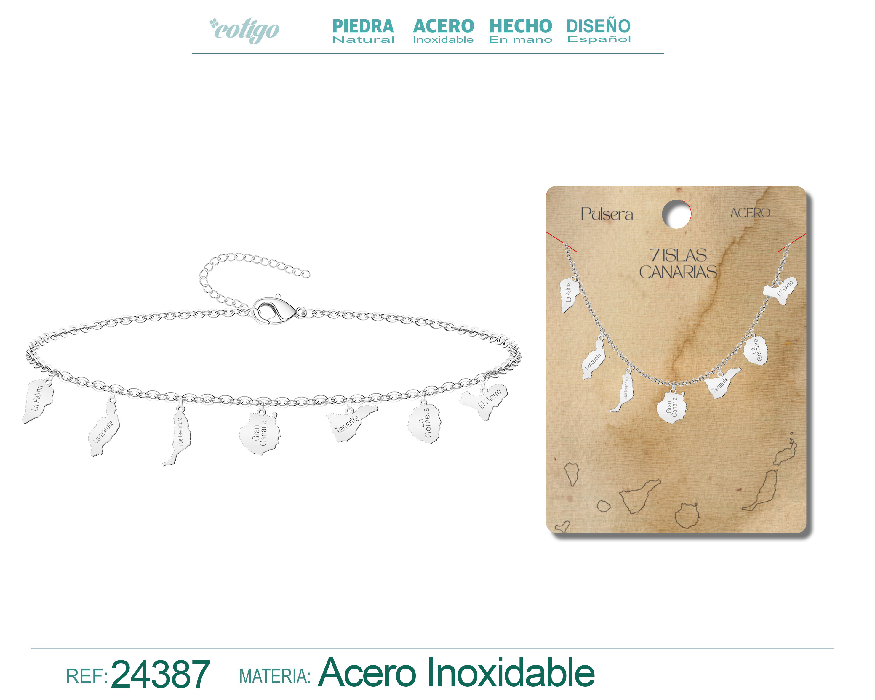 Pulsera con Colgante de 7 Isalas de Canarias Acero color Plateado