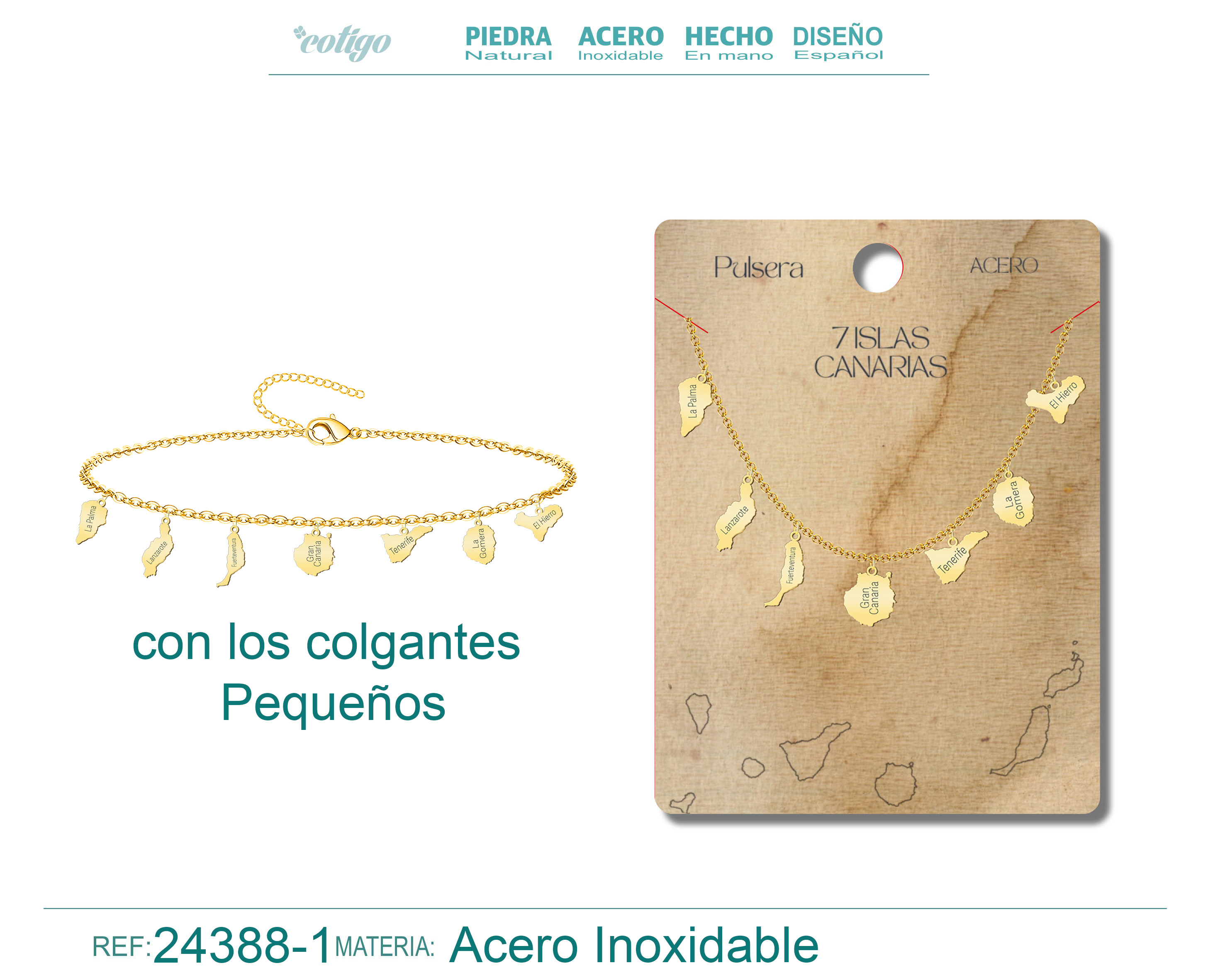 Pulsera con Colgante de 7 Isalas de Canarias Acero color Dorado