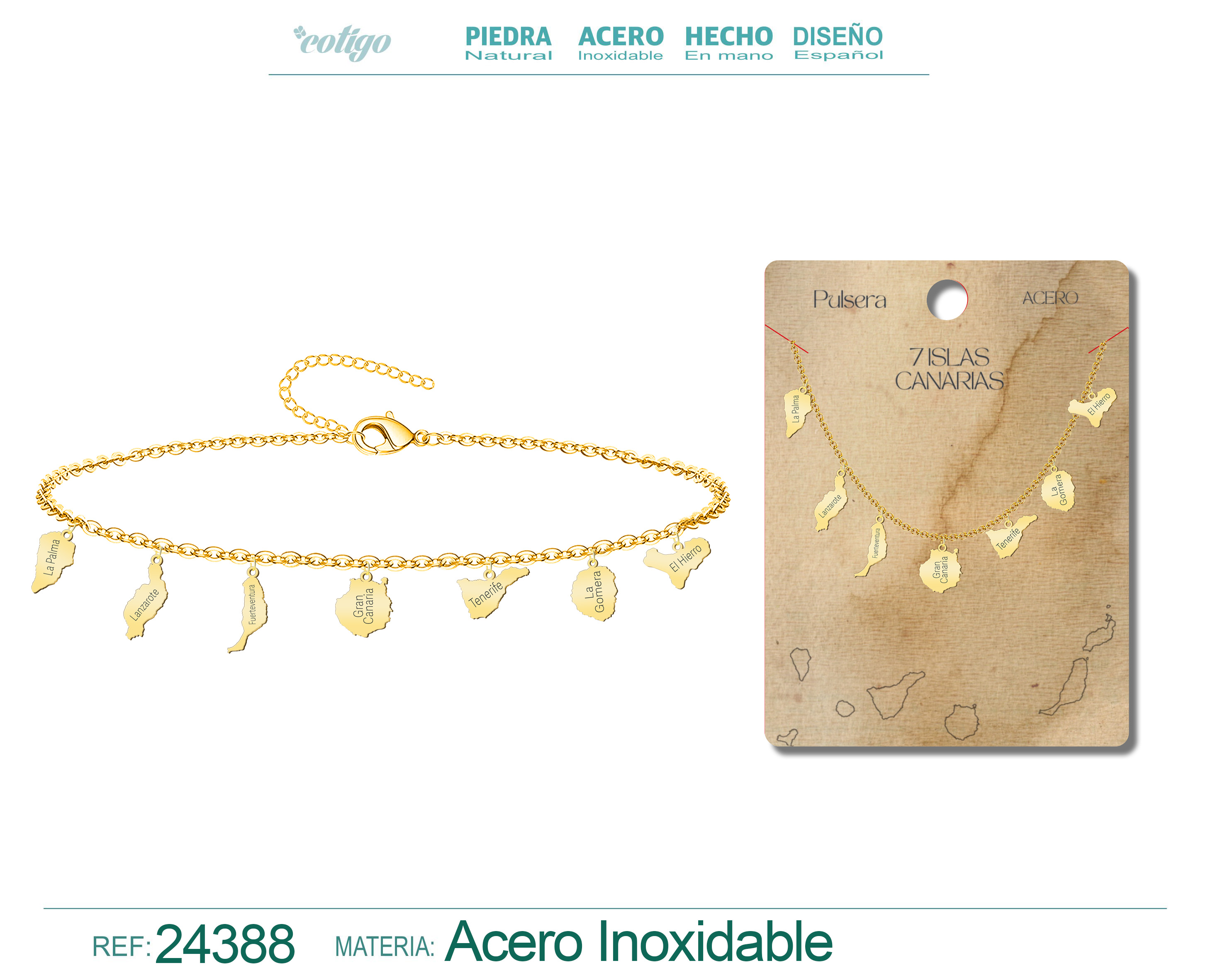 Pulsera con Colgante de 7 Isalas de Canarias Acero color Dorado