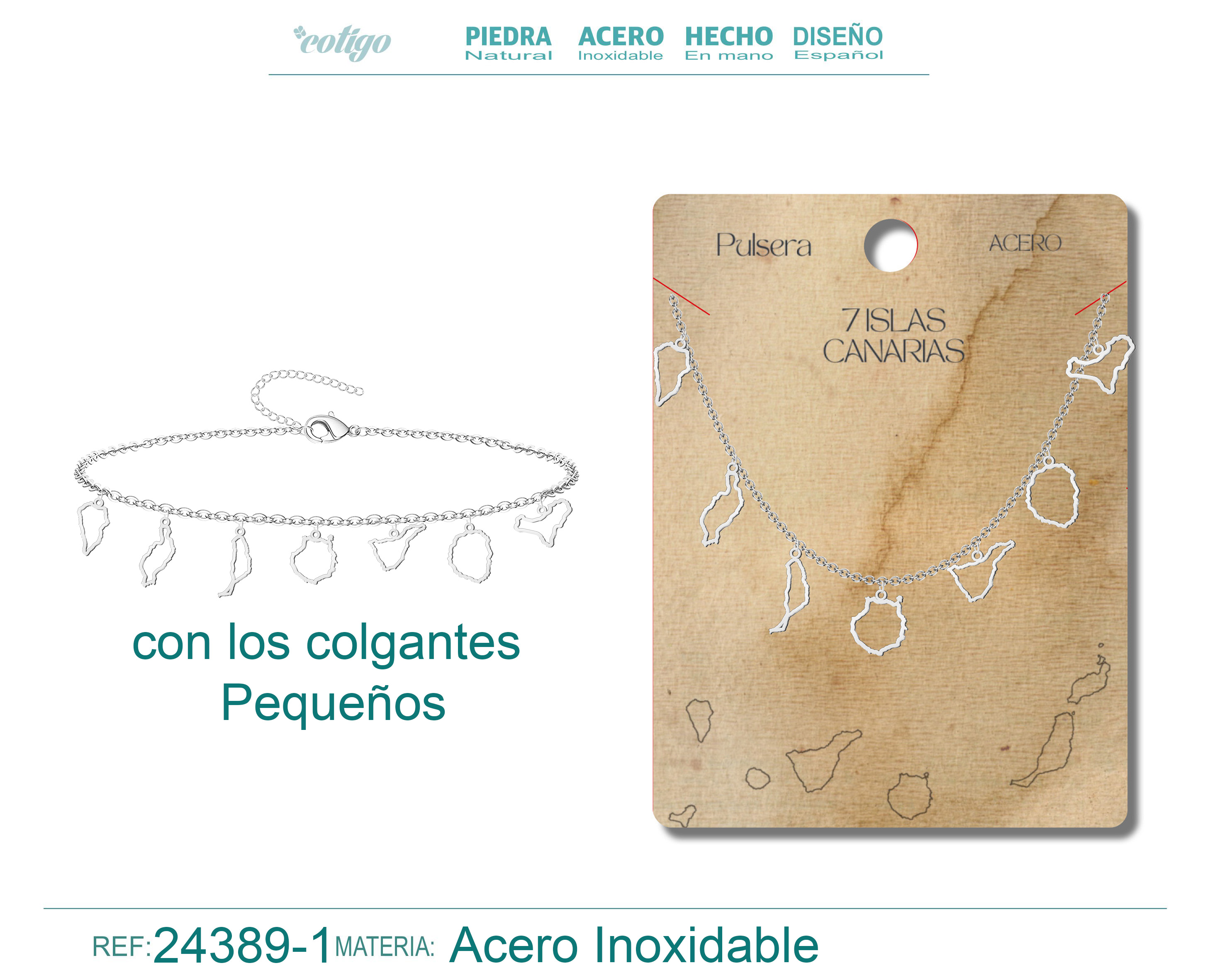 Pulsera con Colgante de 7 Isalas de Canarias Acero color Plateado