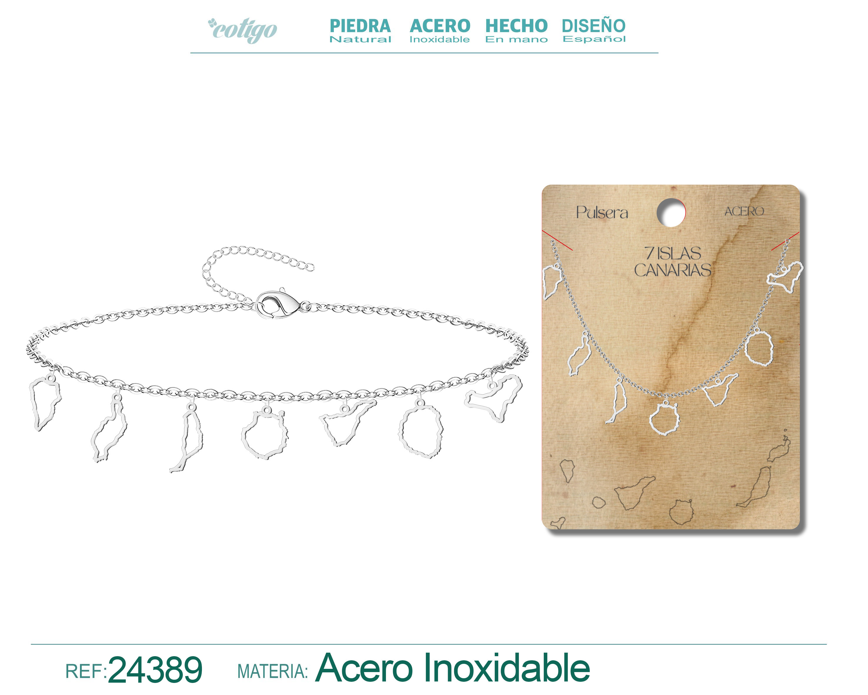 Pulsera con Colgante de 7 Isalas de Canarias Acero color Plateado