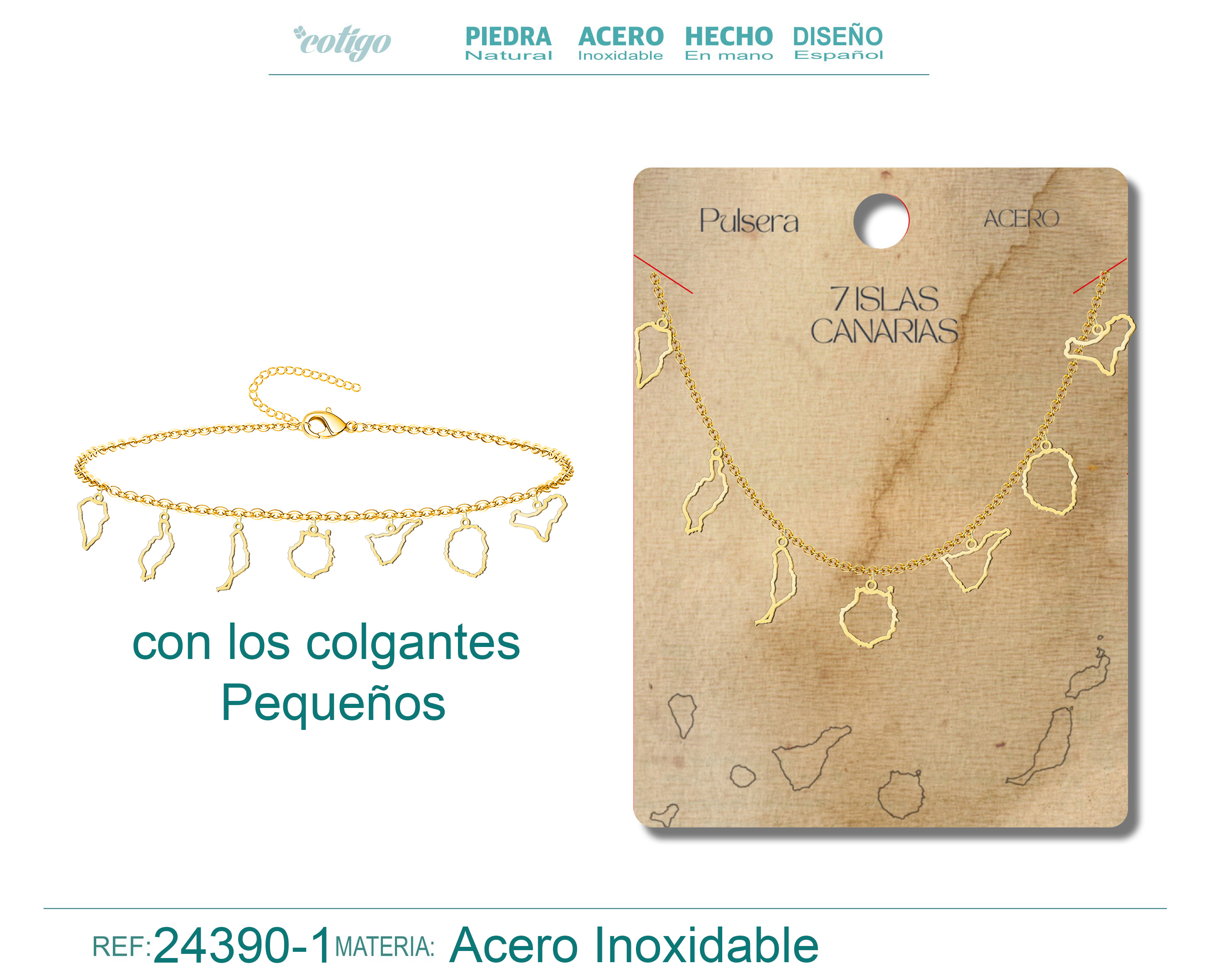 Pulsera con Colgante de 7 Isalas de Canarias Acero color Dorado