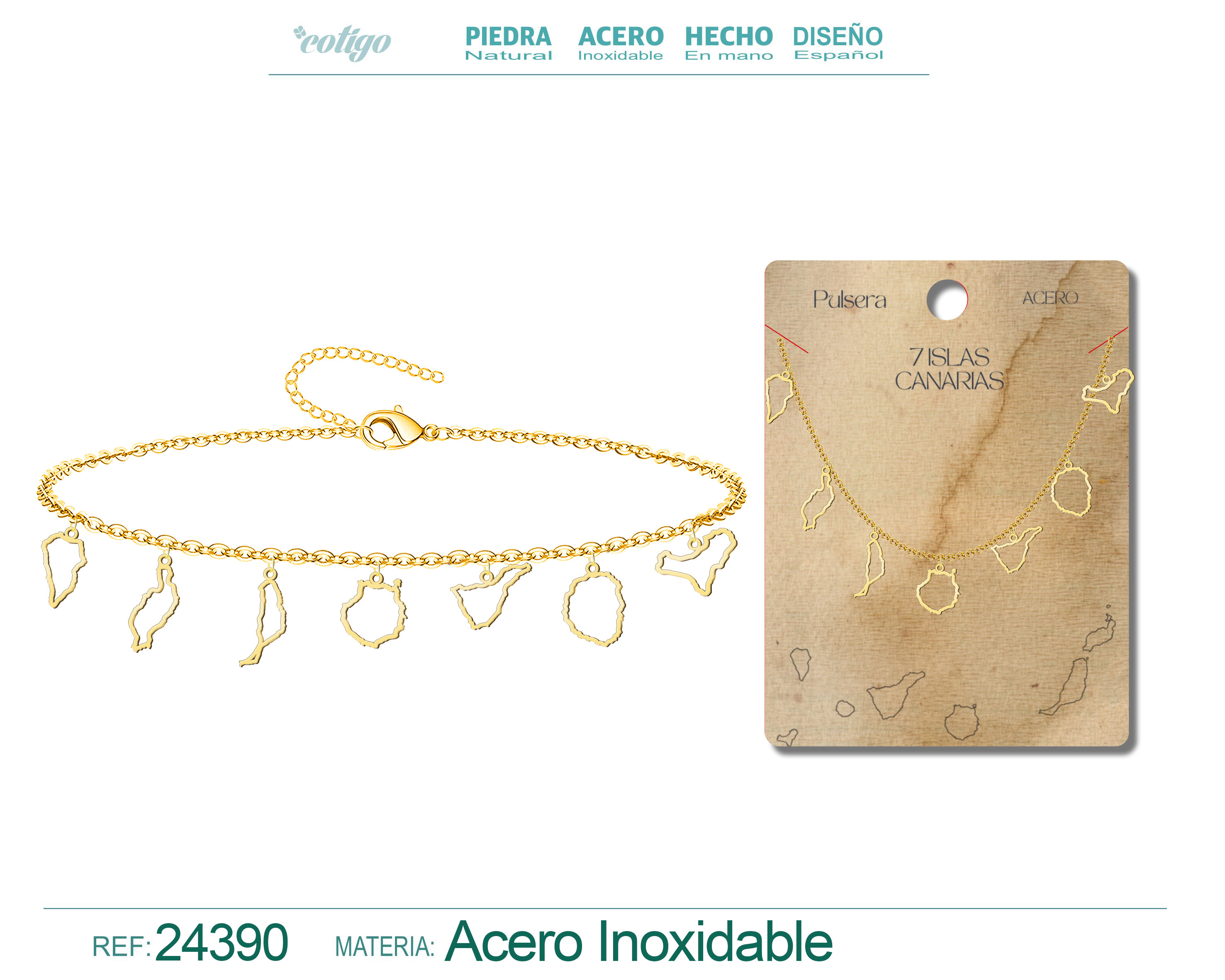 Pulsera con Colgante de 7 Isalas de Canarias Acero color Dorado