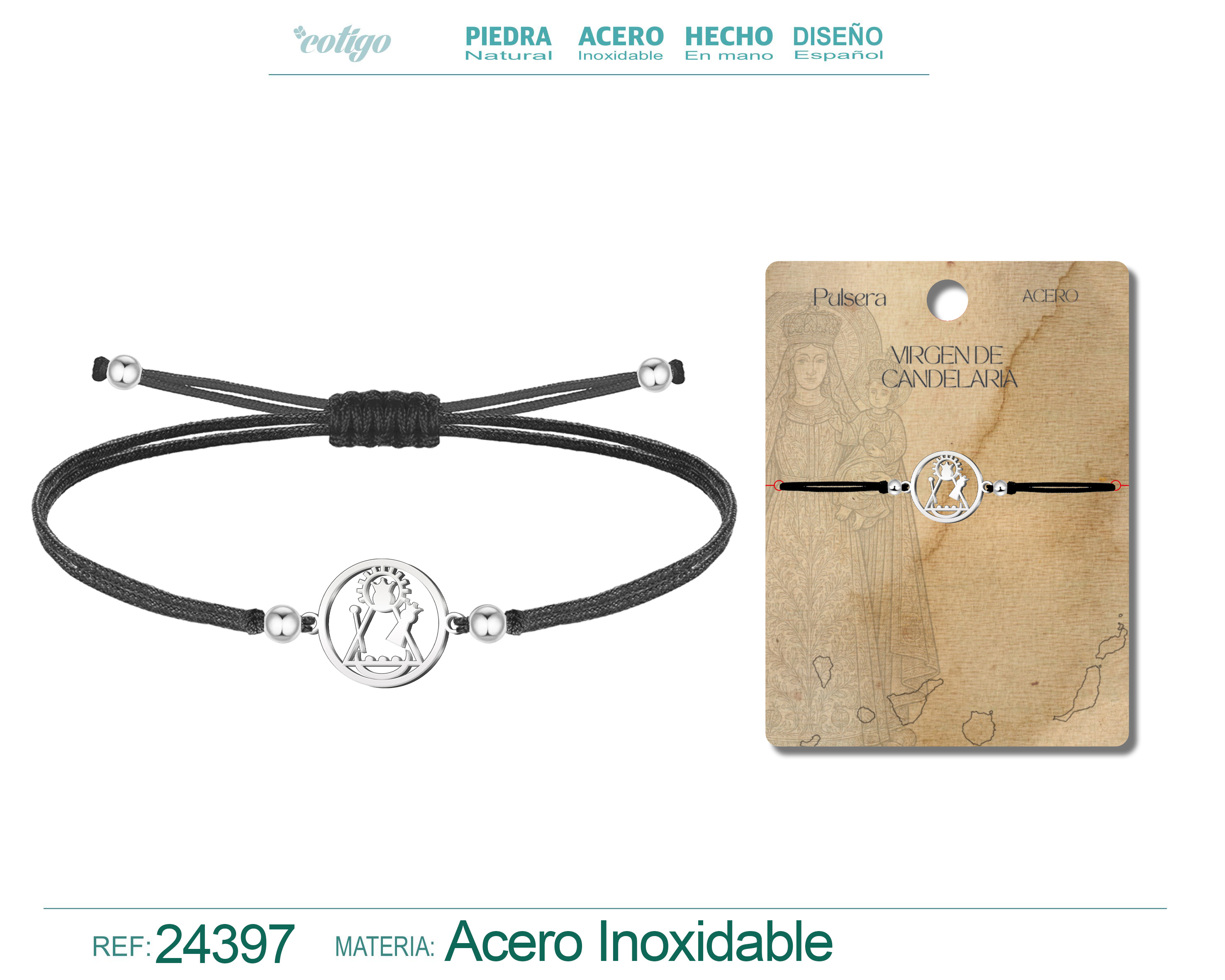 Pulsera Hilo encerado con Virgen de Candelaria Acero color Plateado