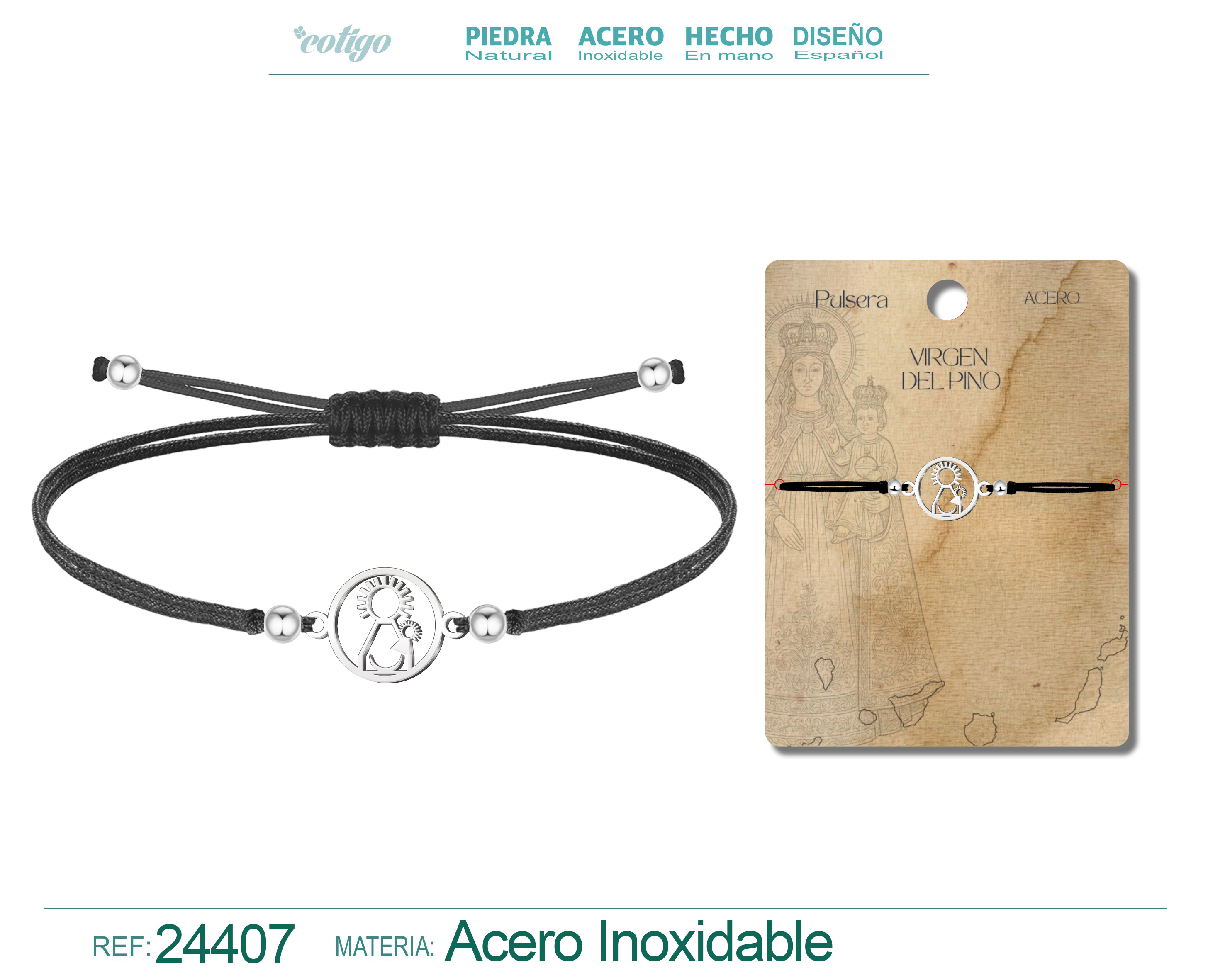 Pulsera Hilo encerado conVirgen del Pino Acero color Plateado