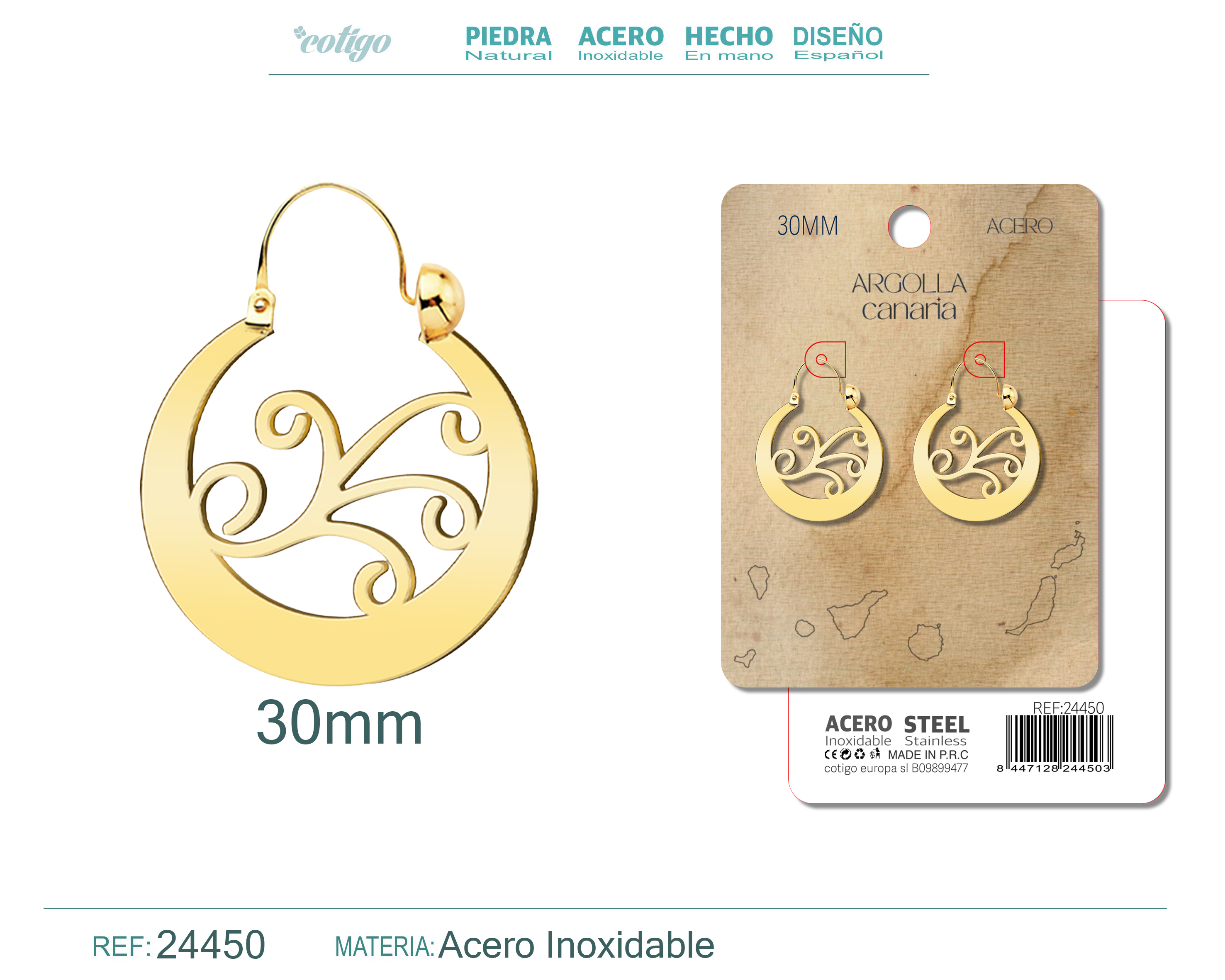 Argolla Canaria 30mm Acero color Dorado