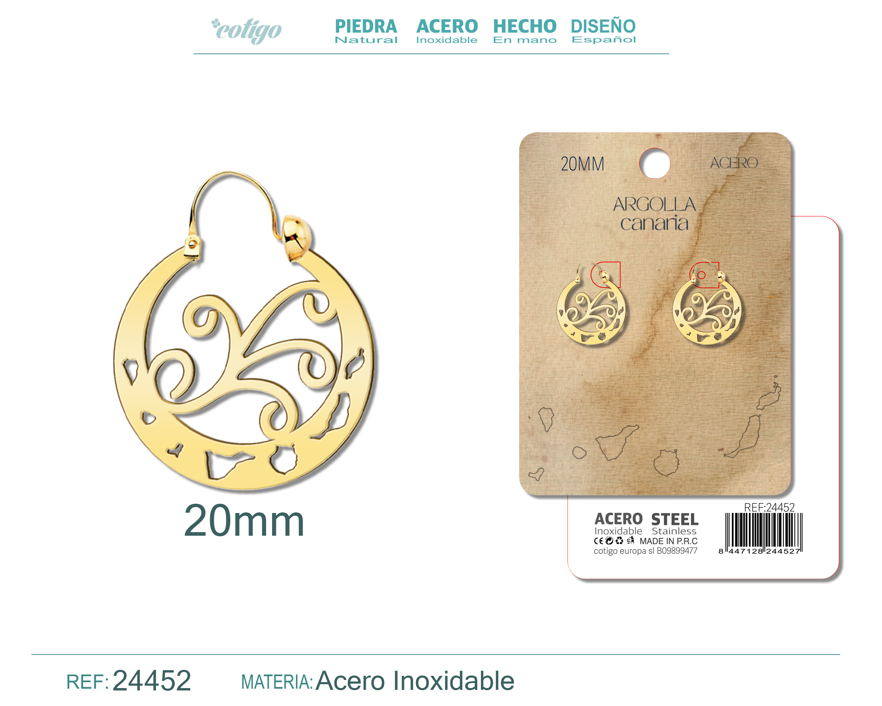 Argolla Canaria 20mm Acero color Dorado