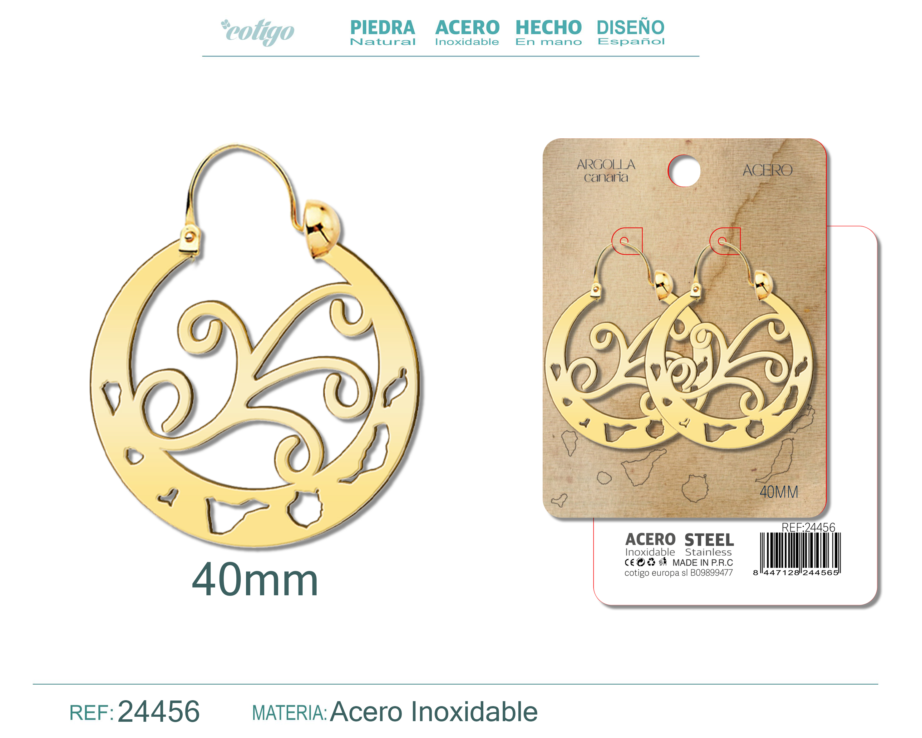 Argolla Canaria 40mm Acero color Dorado