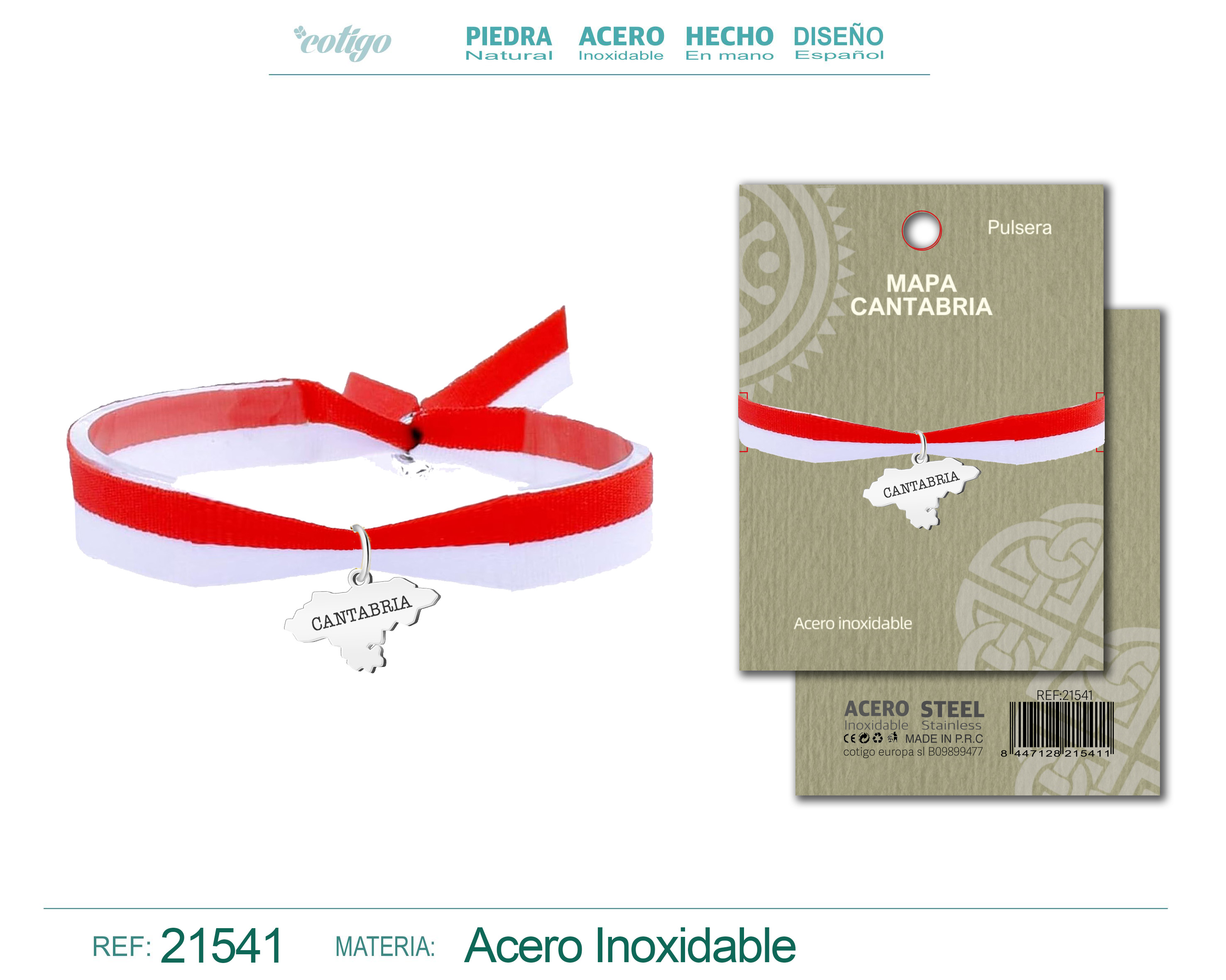 Pulsera Bandera y Mapa de Cantabria Acero Plateado